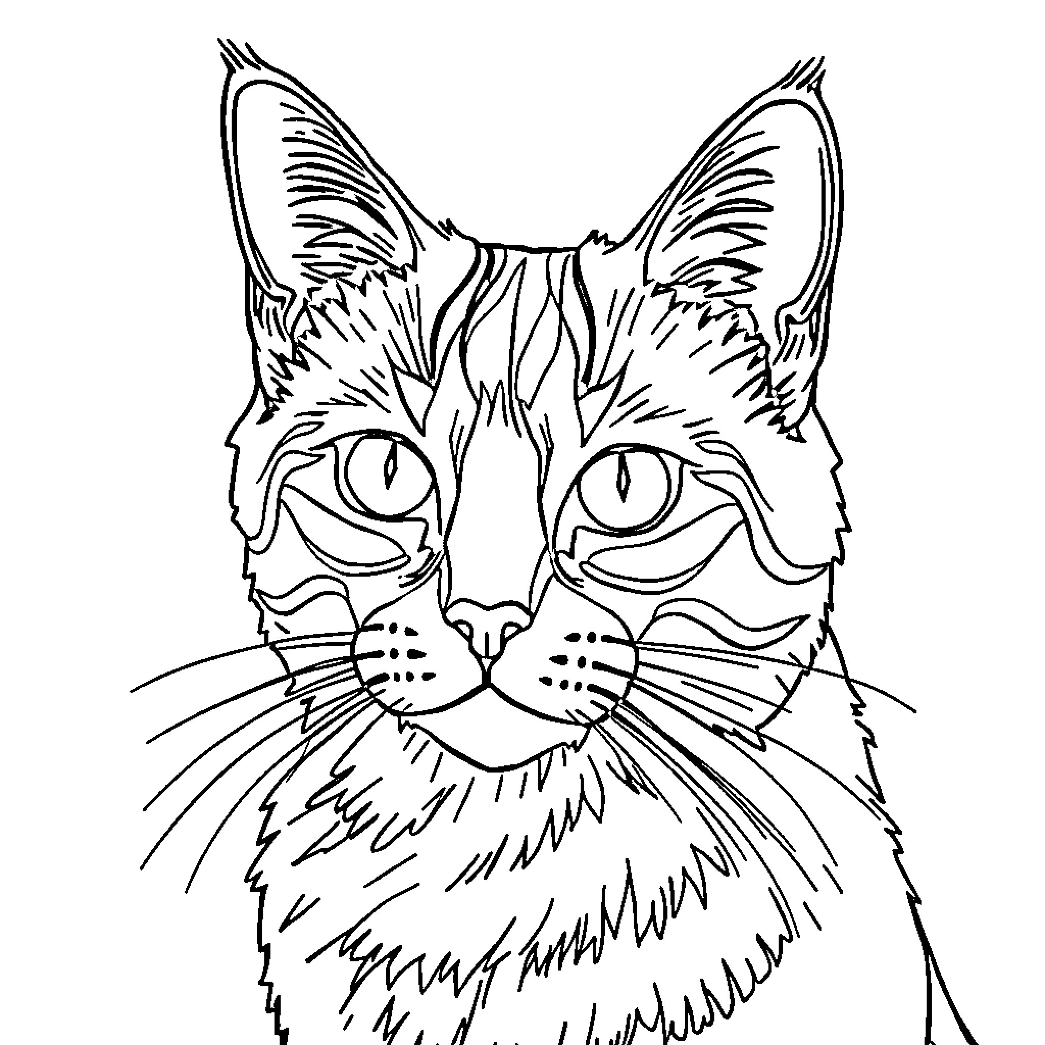 Cat with intense gaze Coloring Page (free black-and-white line drawing printable PDF for all, from beginners to advanced learners, including children, teens, adults, and seniors)