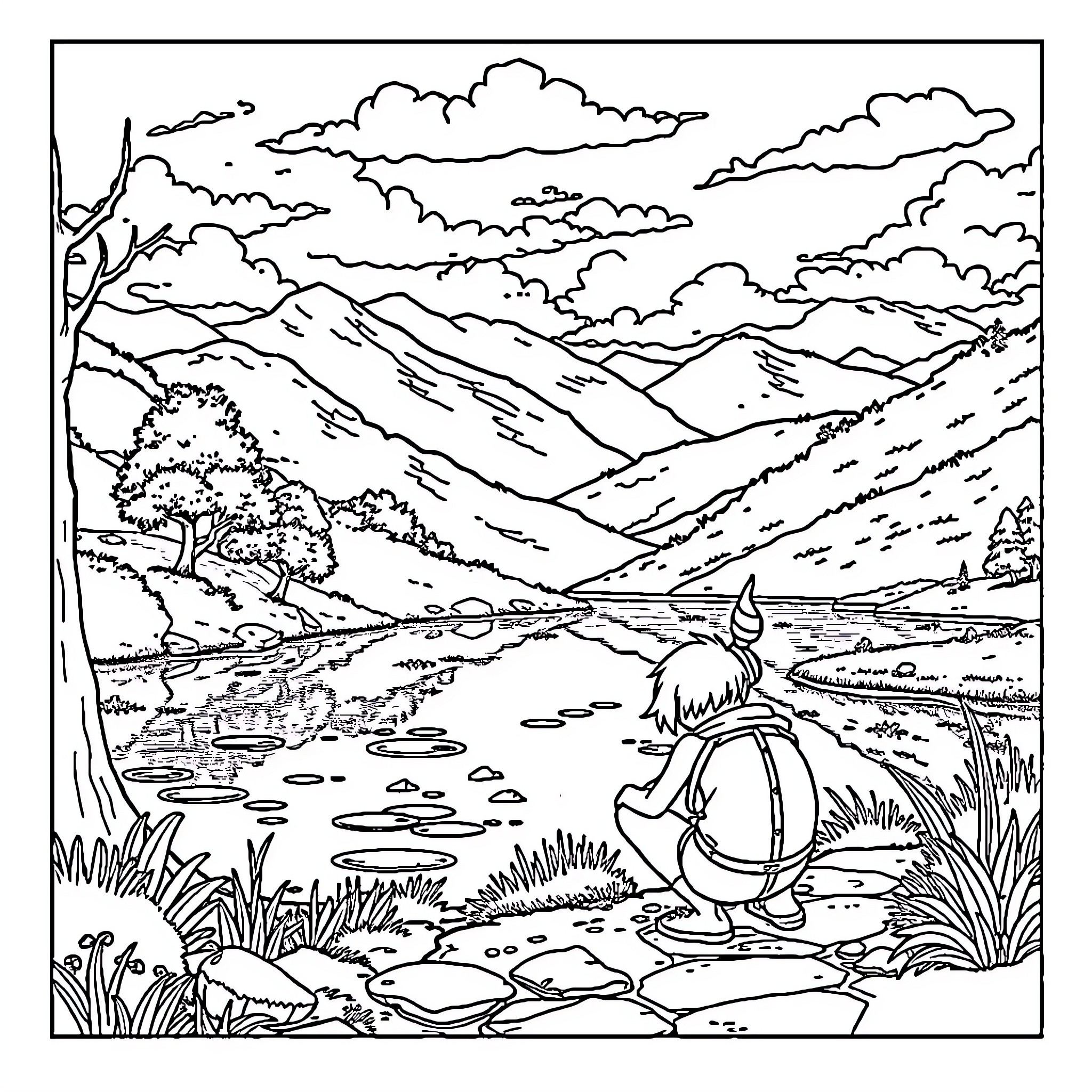Vessel enjoying serene landscape with mountains and clouds Coloring Page (free black-and-white line drawing printable PDF for all, from beginners to advanced learners, including children, teens, adults, and seniors)