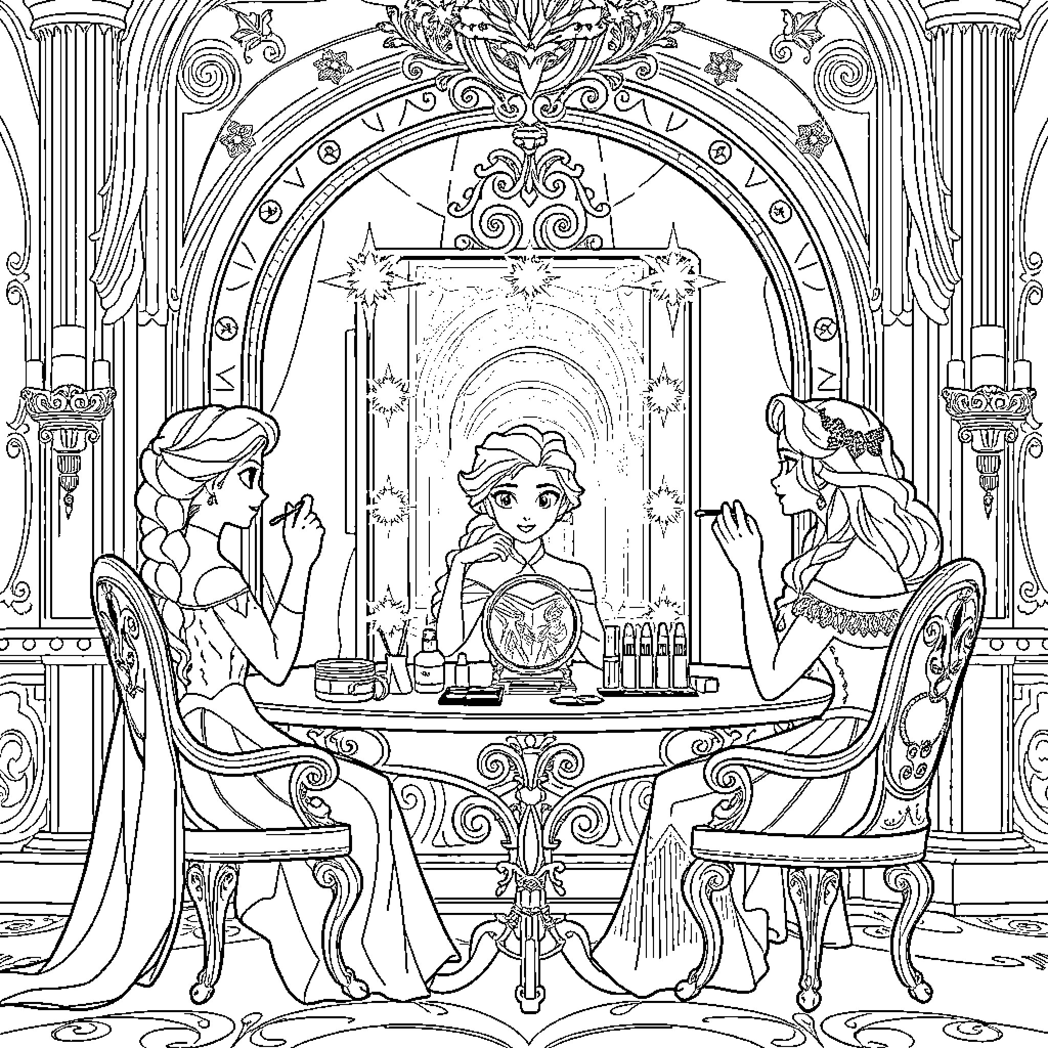 Princess Dining and Discussing in Elegant Ballroom Coloring Page (free black-and-white line drawing printable PDF for all, from beginners to advanced learners, including children, teens, adults, and seniors)