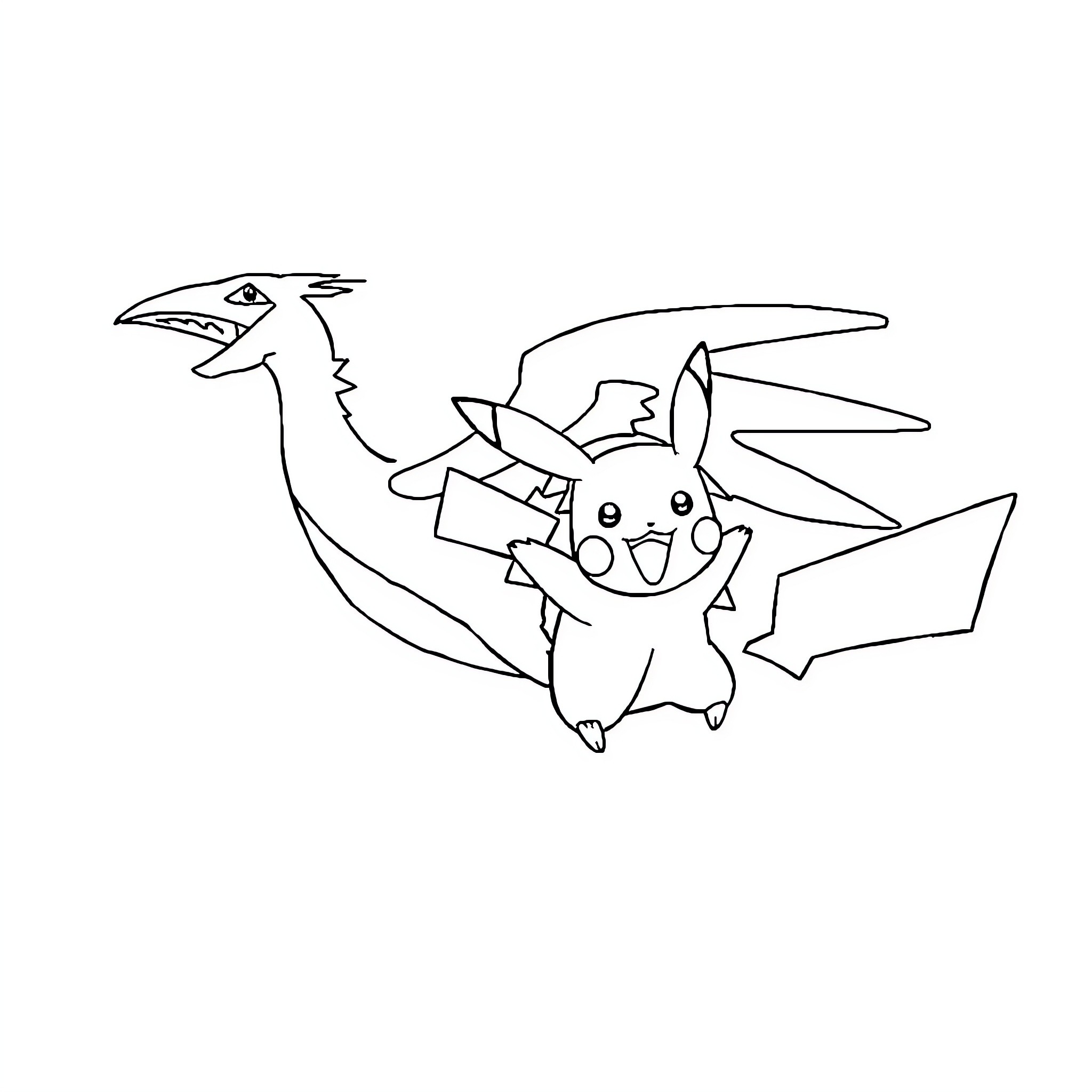 Pikachu riding a dragon with a smiling expression Coloring Page (free black-and-white line drawing printable PDF for all, from beginners to advanced learners, including children, teens, adults, and seniors)