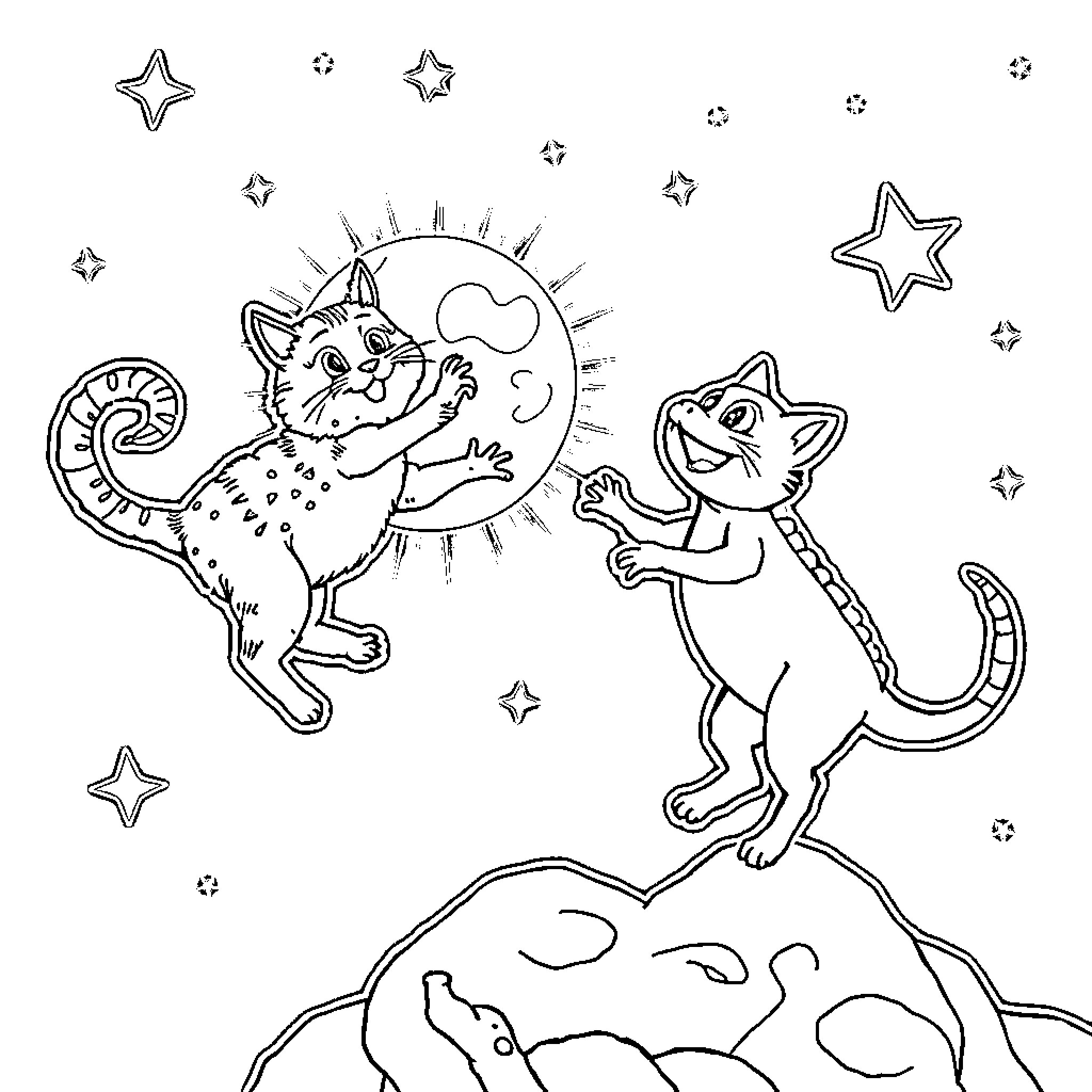 Cats playing under the starry night sky Coloring Page (free black-and-white line drawing printable PDF for all, from beginners to advanced learners, including children, teens, adults, and seniors)