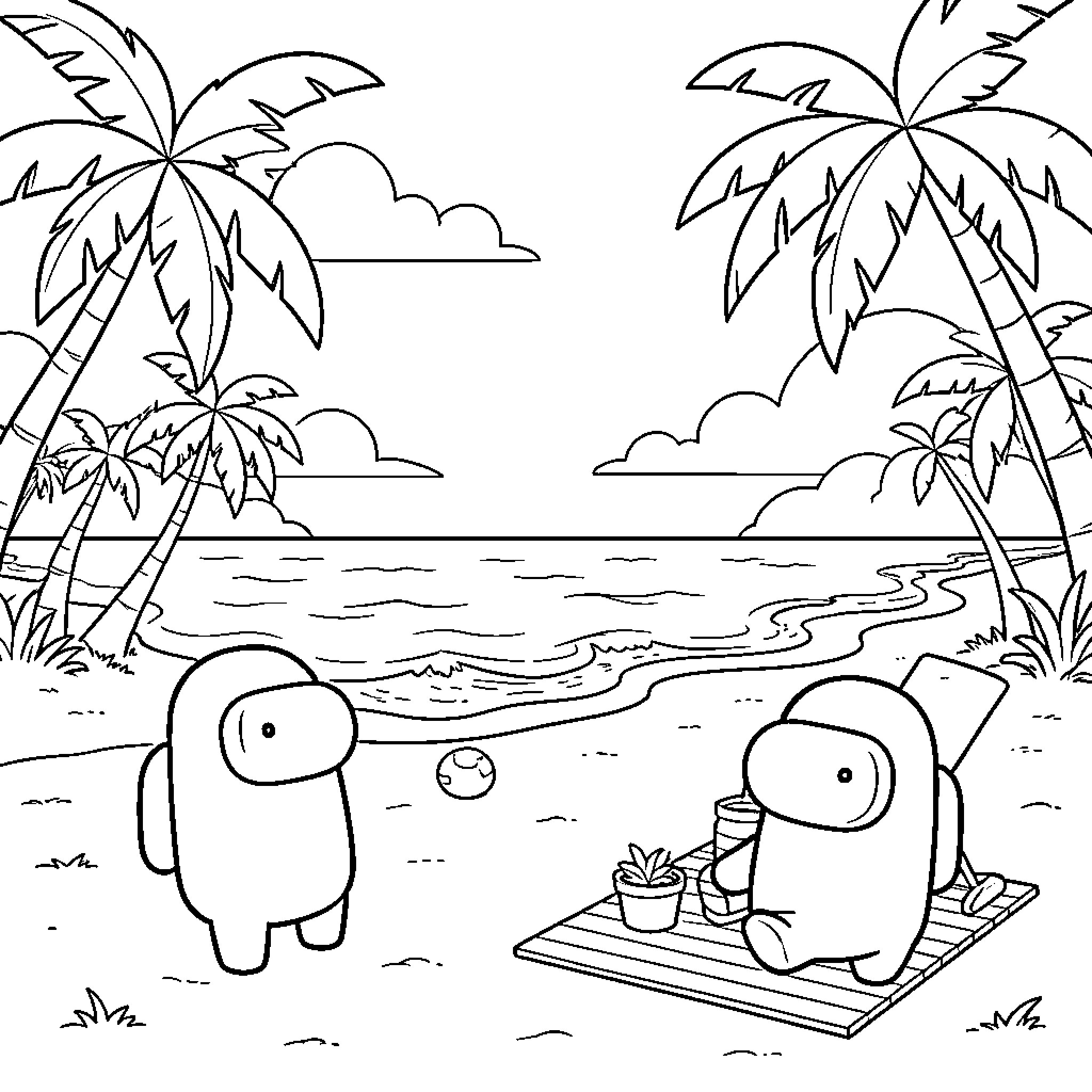 Among Us characters enjoying a day at the beach Coloring Page (free black-and-white line drawing printable PDF for all, from beginners to advanced learners, including children, teens, adults, and seniors)