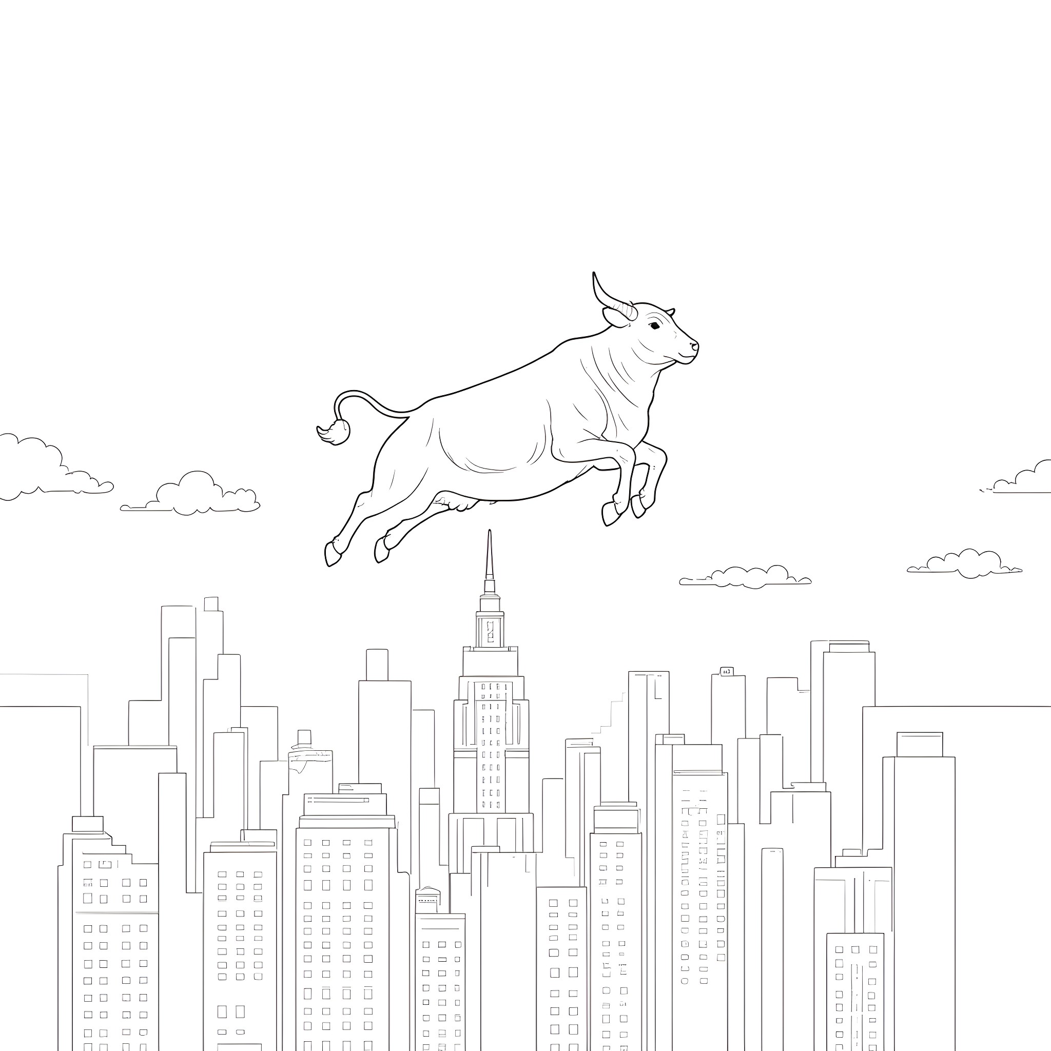 Flying Cow soaring over the cityscape Coloring Page (free black-and-white line drawing printable PDF for all, from beginners to advanced learners, including children, teens, adults, and seniors)