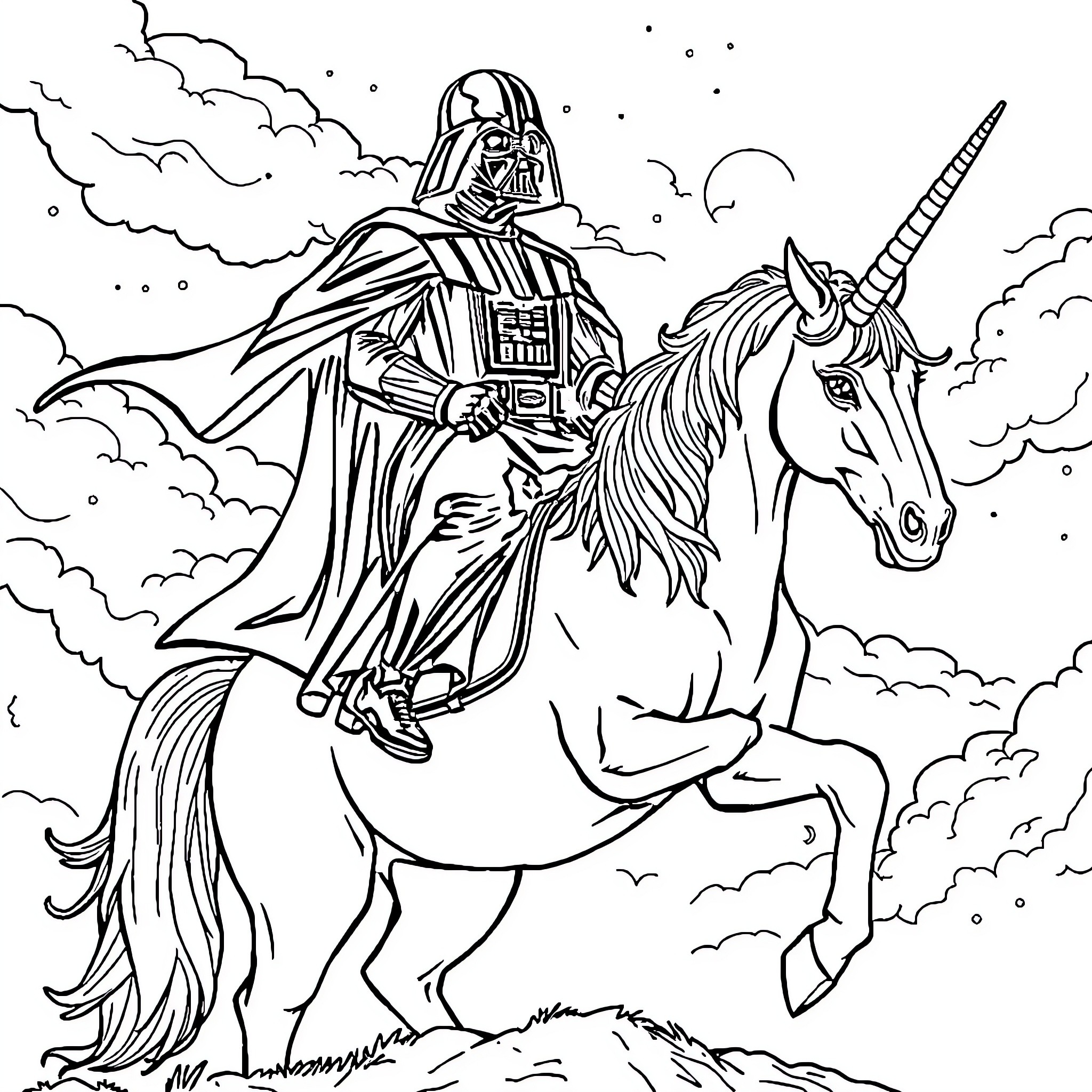 Darth Vader riding a majestic unicorn in the clouds Coloring Page (free black-and-white line drawing printable PDF for all, from beginners to advanced learners, including children, teens, adults, and seniors)