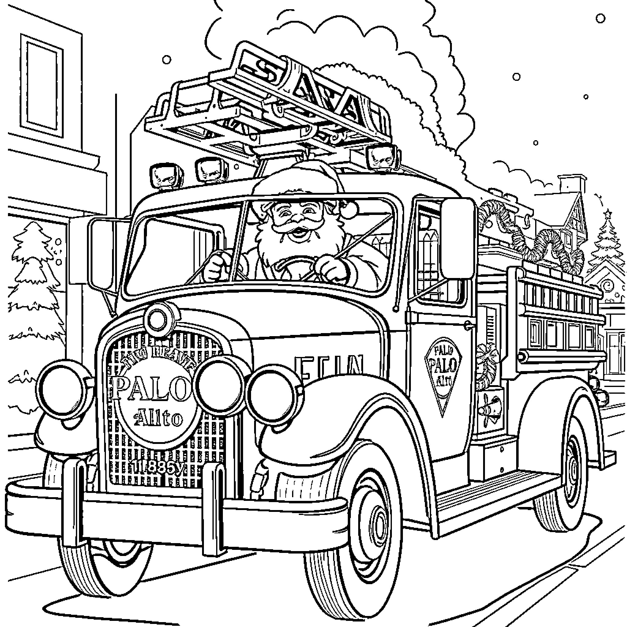 Fire Engine with Santa Claus driving through a winter scene Coloring Page (free black-and-white line drawing printable PDF for all, from beginners to advanced learners, including children, teens, adults, and seniors)