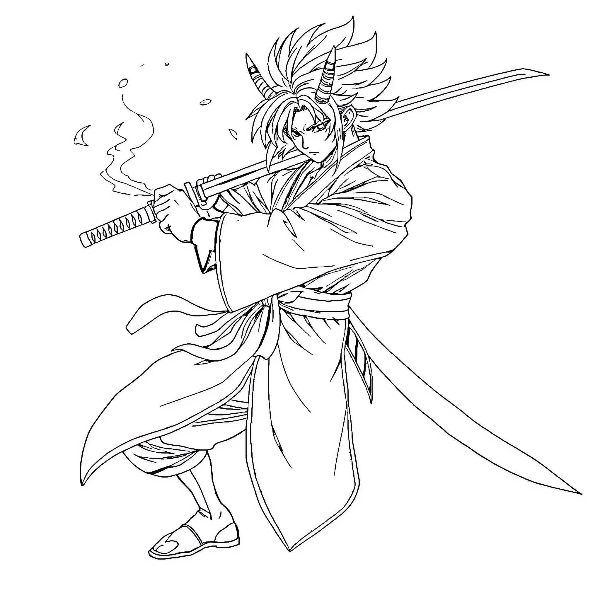 Kyōjurō Rengoku in heroic battle stance Coloring Page (free black-and-white line drawing printable PDF for all, from beginners to advanced learners, including children, teens, adults, and seniors)