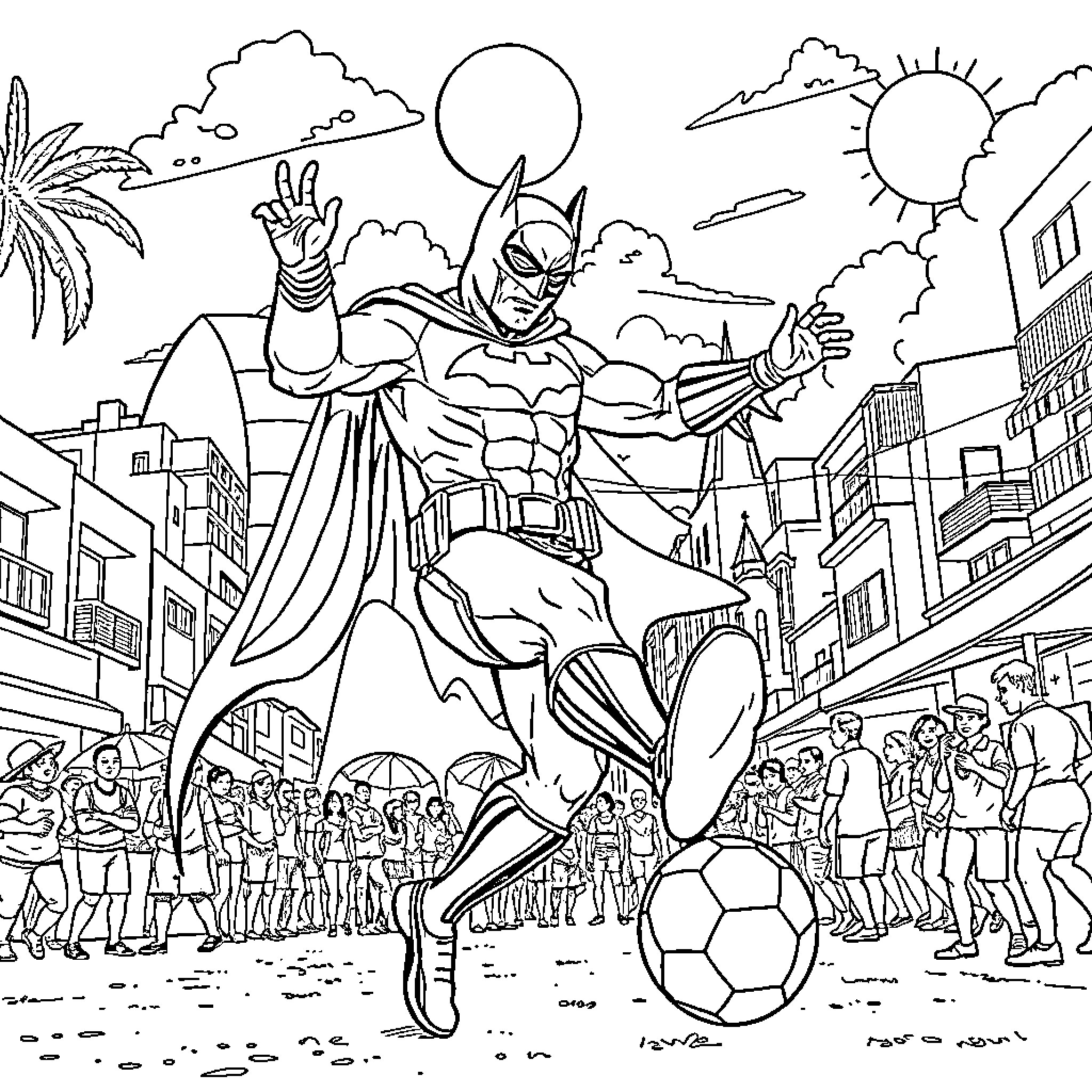 Batman Kicks Soccer Ball Among Cityscape and Crowd Coloring Page (free black-and-white line drawing printable PDF for all, from beginners to advanced learners, including children, teens, adults, and seniors)