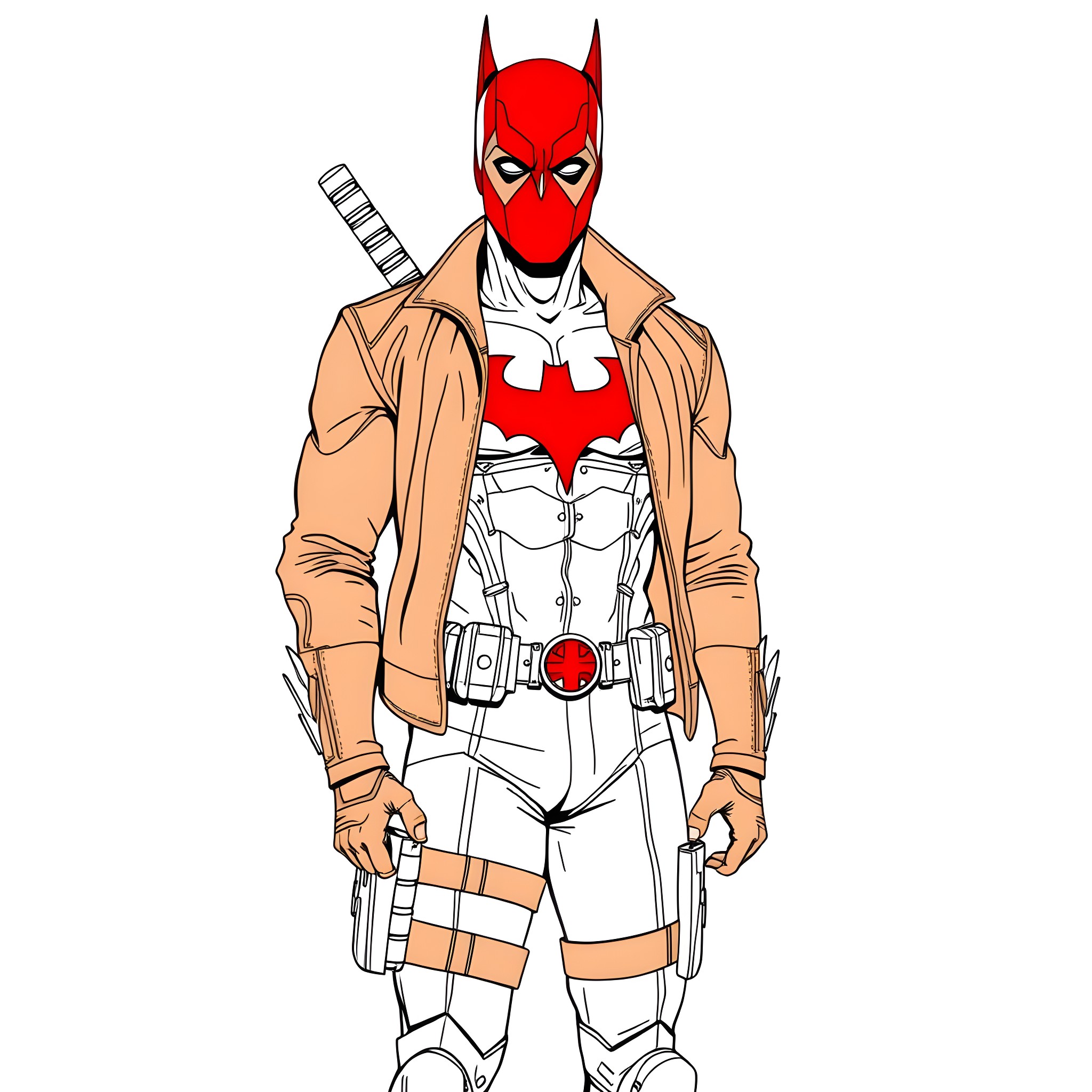 Red Hood in Action Pose with Gear Coloring Page (free black-and-white line drawing printable PDF for all, from beginners to advanced learners, including children, teens, adults, and seniors)