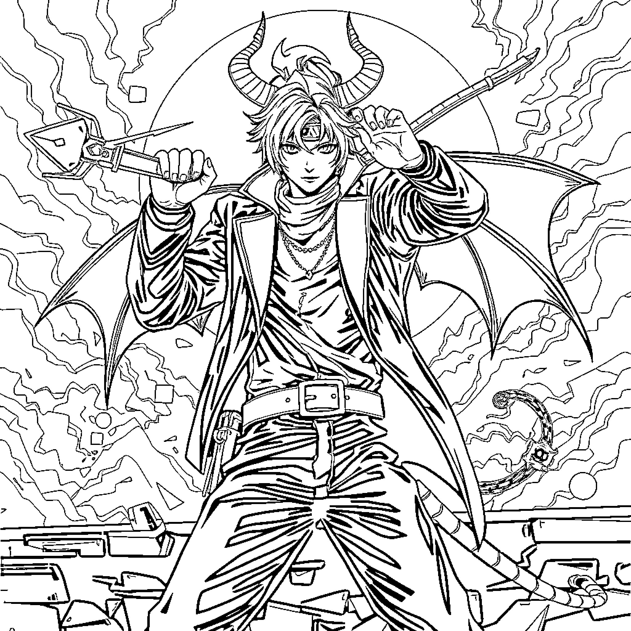 Demon Hunter Unleashing Powerful Attacks Coloring Page (free black-and-white line drawing printable PDF for all, from beginners to advanced learners, including children, teens, adults, and seniors)