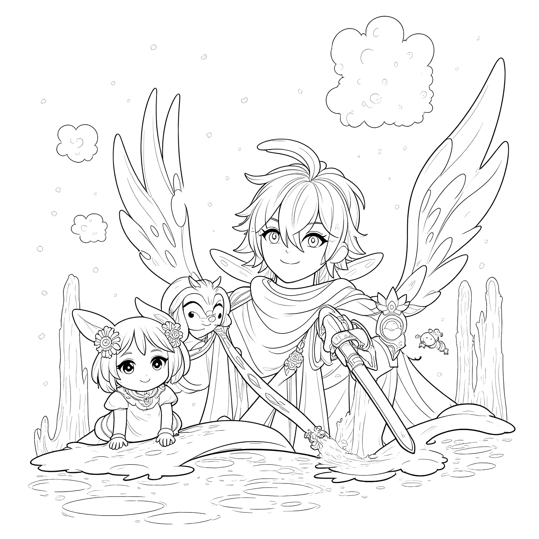 Genshin Impact - Two adventurous characters with magical wings Coloring Page (free black-and-white line drawing printable PDF for all, from beginners to advanced learners, including children, teens, adults, and seniors)