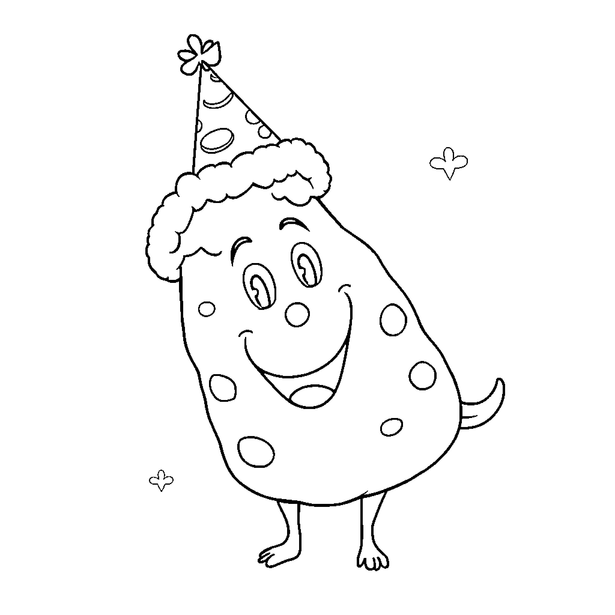 Caca Character in Party Hat and Spots Coloring Page (free black-and-white line drawing printable PDF for all, from beginners to advanced learners, including children, teens, adults, and seniors)
