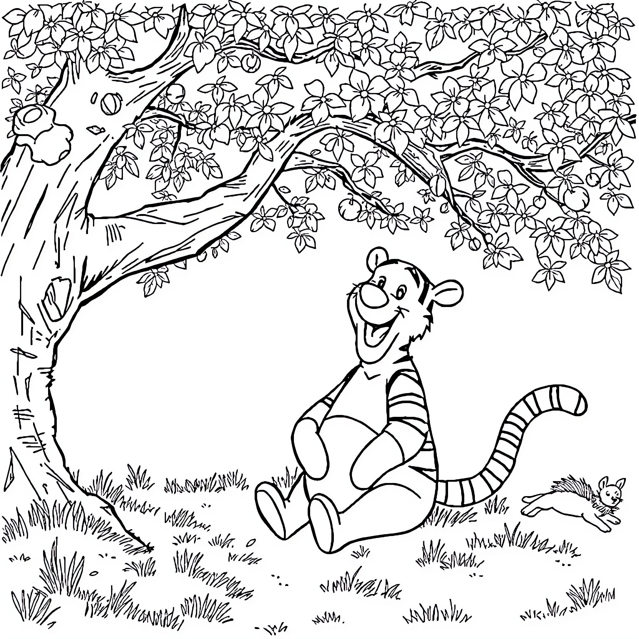 Winnie The Pooh enjoying the blooming flowers Coloring Page (free black-and-white line drawing printable PDF for all, from beginners to advanced learners, including children, teens, adults, and seniors)