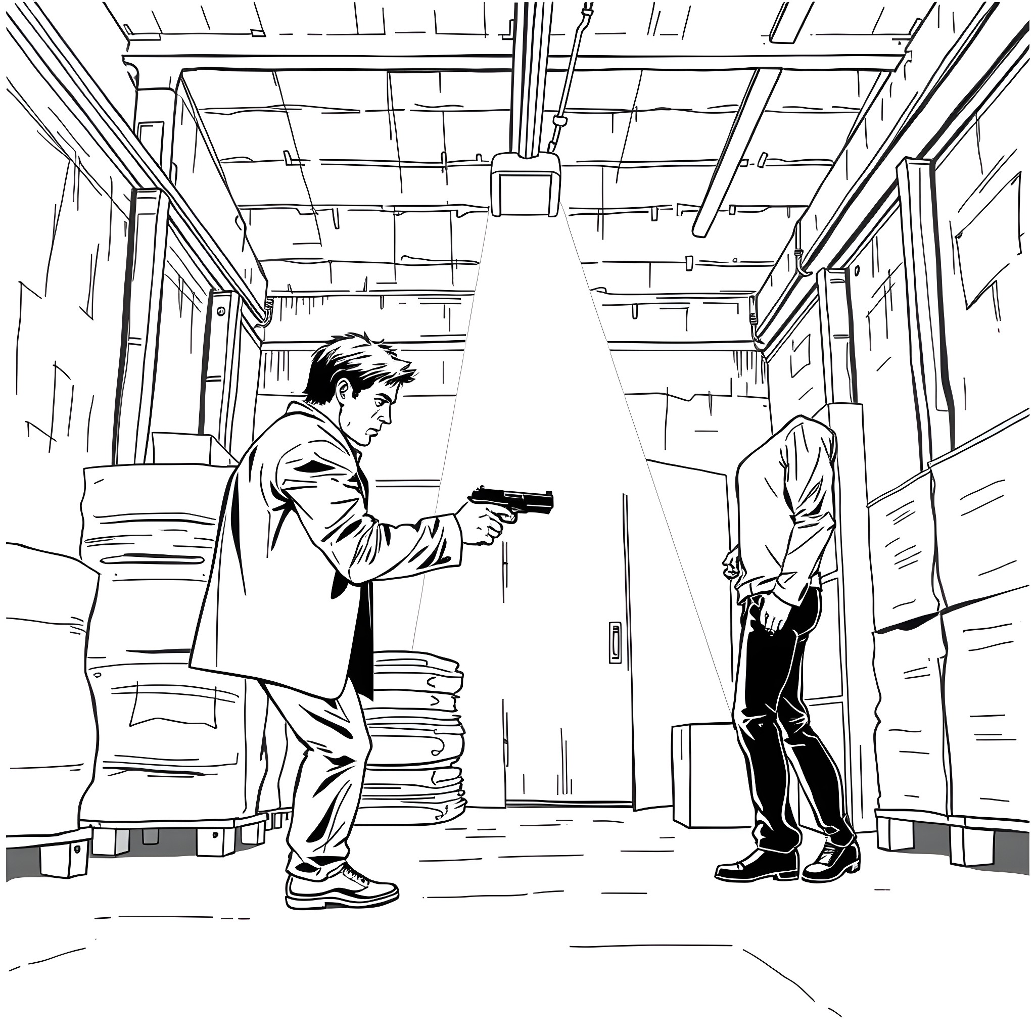 Dexter's Confrontation in the Warehouse Coloring Page (free black-and-white line drawing printable PDF for all, from beginners to advanced learners, including children, teens, adults, and seniors)