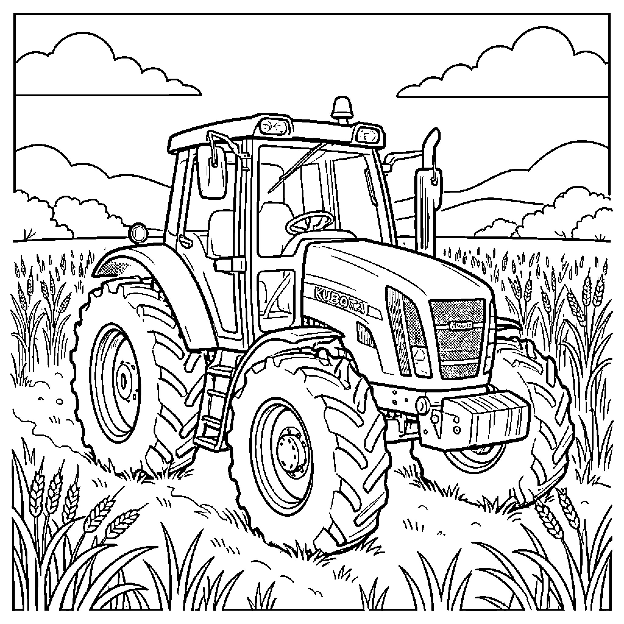 Kubota Tractor driving through a field of crops Coloring Page (free black-and-white line drawing printable PDF for all, from beginners to advanced learners, including children, teens, adults, and seniors)