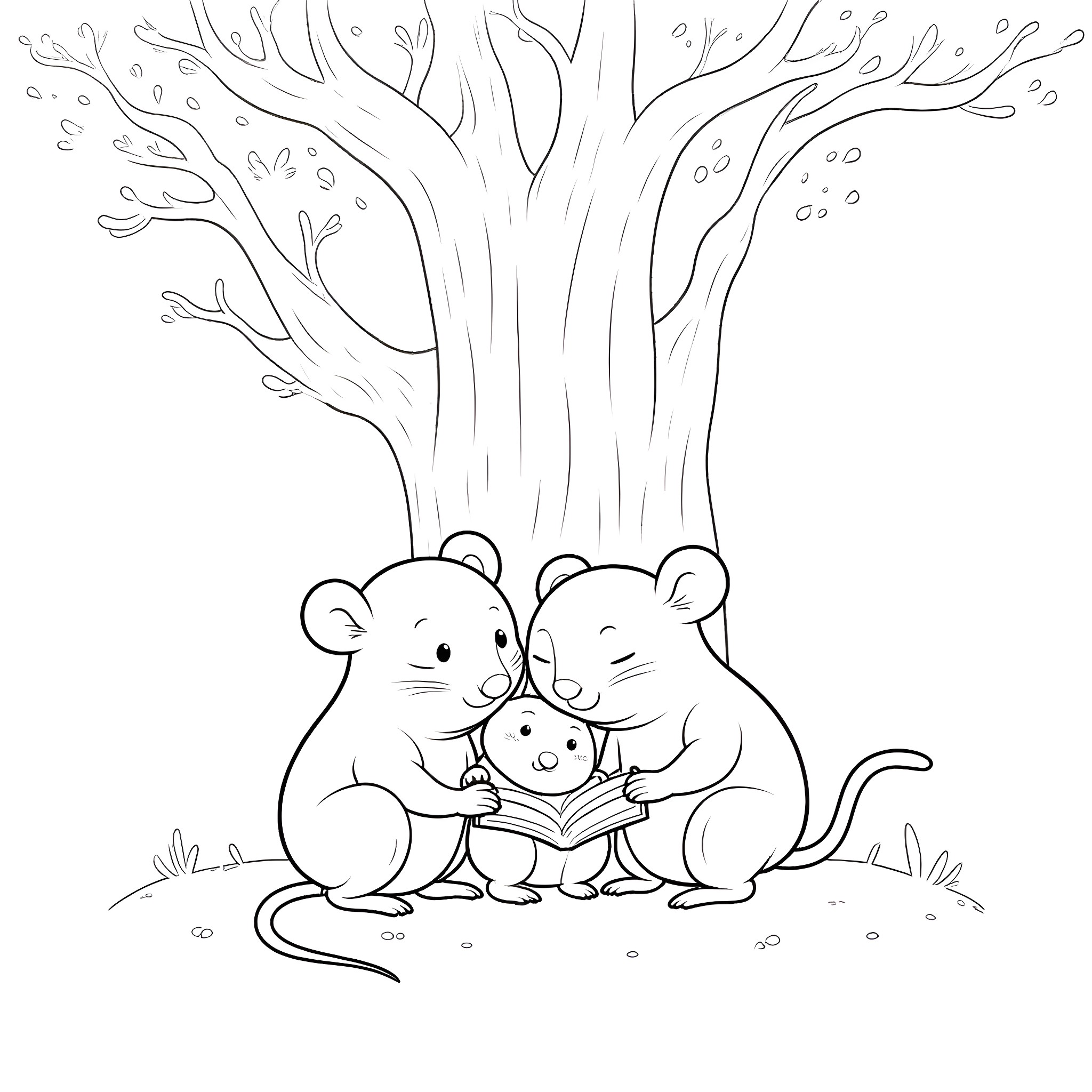 Mouse family reading a book under a tree Coloring Page (free black-and-white line drawing printable PDF for all, from beginners to advanced learners, including children, teens, adults, and seniors)