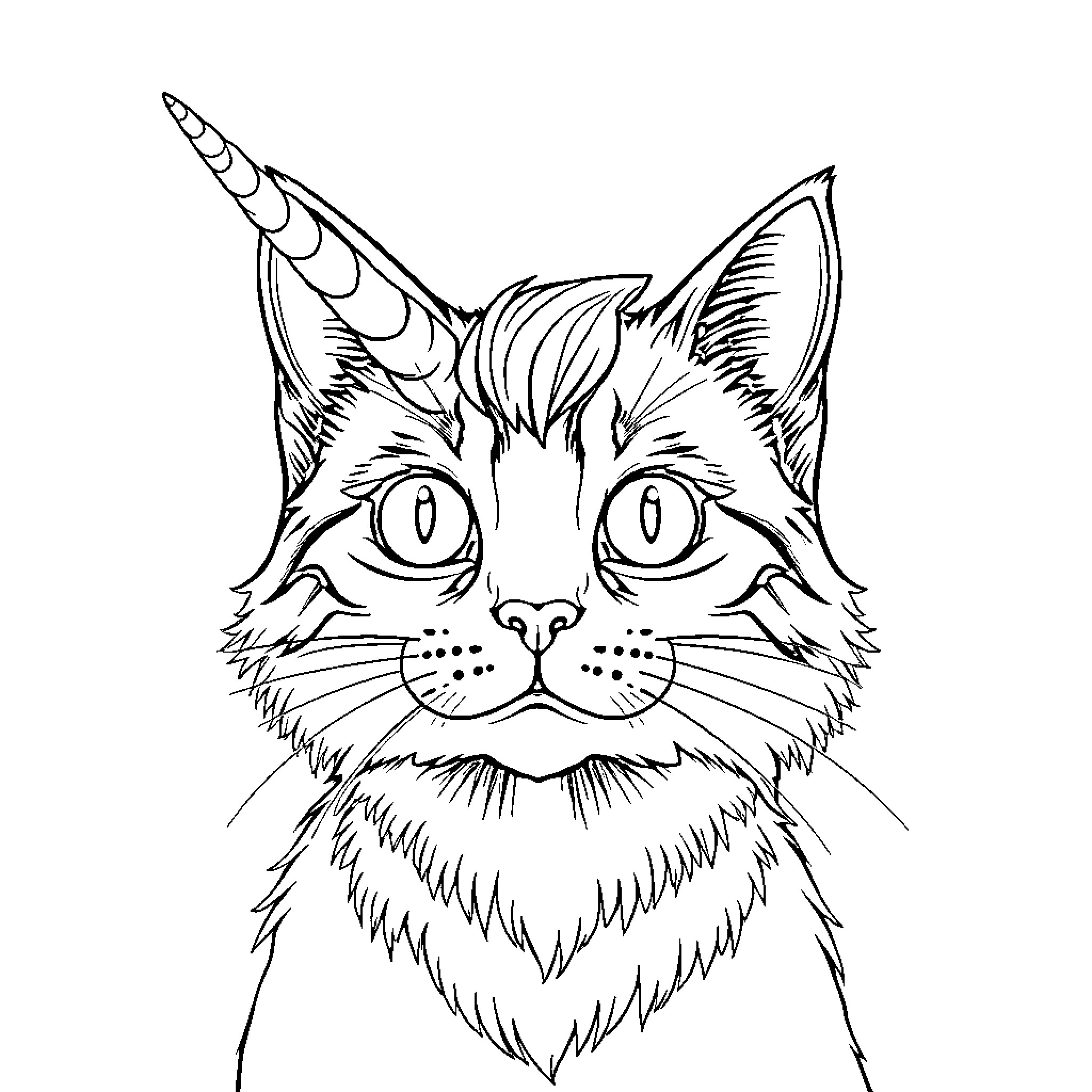 Cat with fierce expression and horns Coloring Page (free black-and-white line drawing printable PDF for all, from beginners to advanced learners, including children, teens, adults, and seniors)