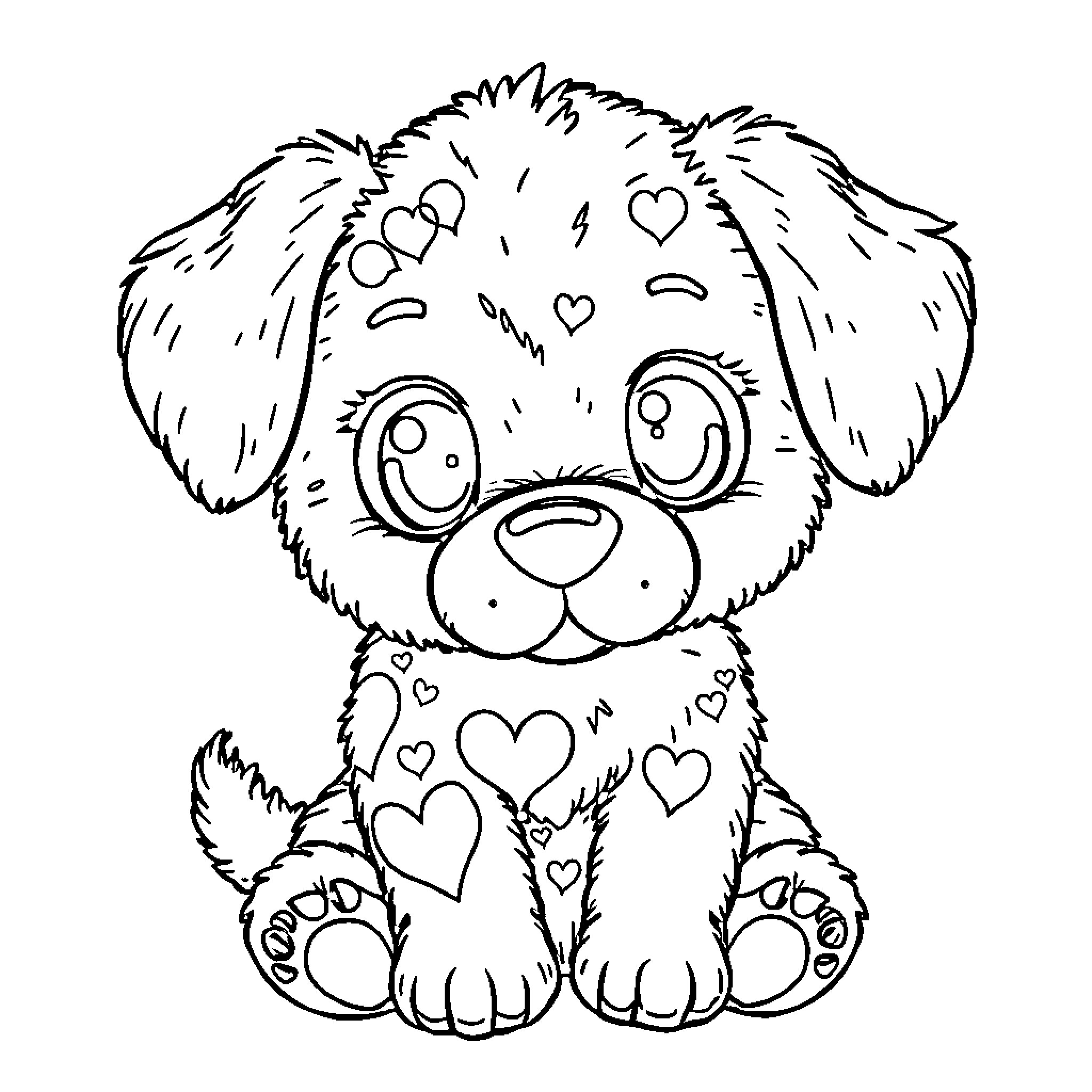 Puppy with heart-shaped markings and expressions Coloring Page (free black-and-white line drawing printable PDF for all, from beginners to advanced learners, including children, teens, adults, and seniors)