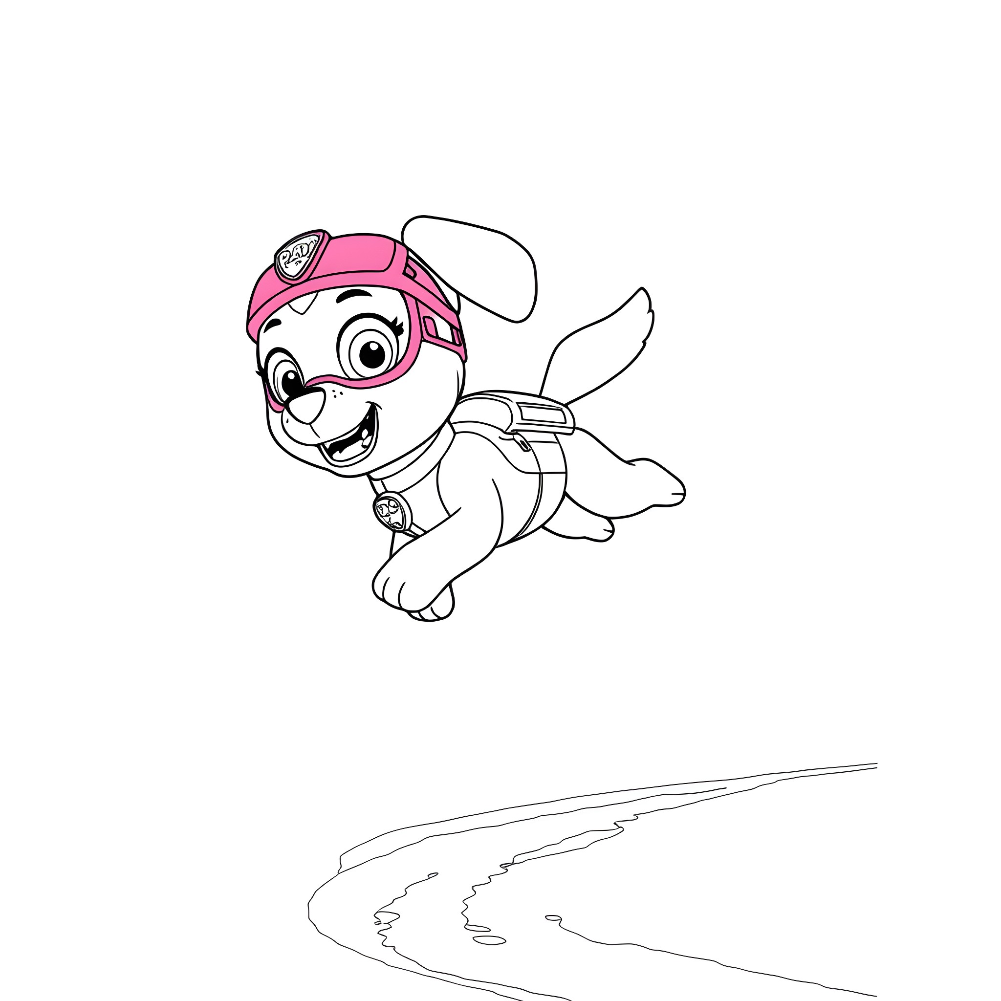 Skye flying energetically through the air Coloring Page (free black-and-white line drawing printable PDF for all, from beginners to advanced learners, including children, teens, adults, and seniors)
