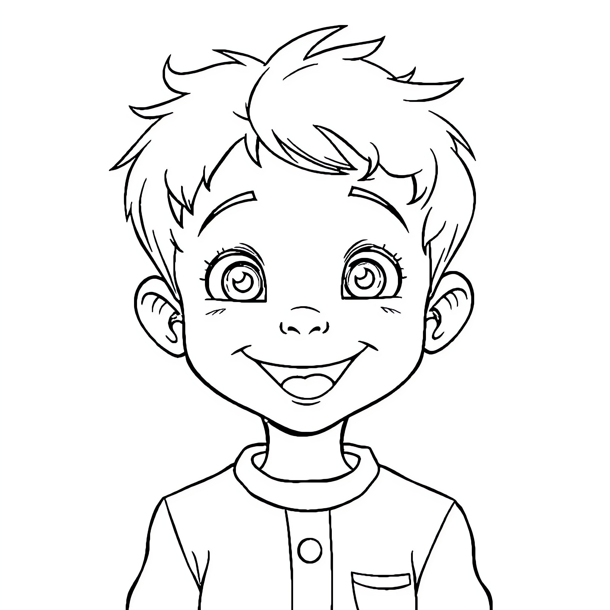 Boy with a joyful expression and messy hair Coloring Page (free black-and-white line drawing printable PDF for all, from beginners to advanced learners, including children, teens, adults, and seniors)