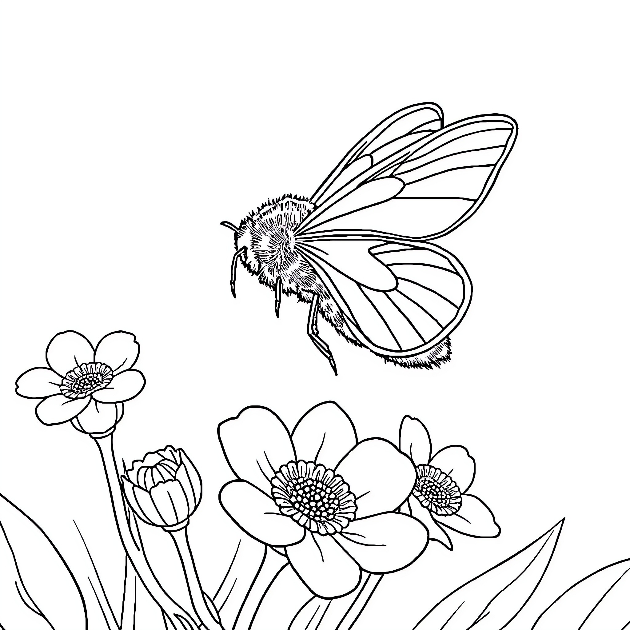 Bee pollinating vibrant flowers in a garden Coloring Page (free black-and-white line drawing printable PDF for all, from beginners to advanced learners, including children, teens, adults, and seniors)