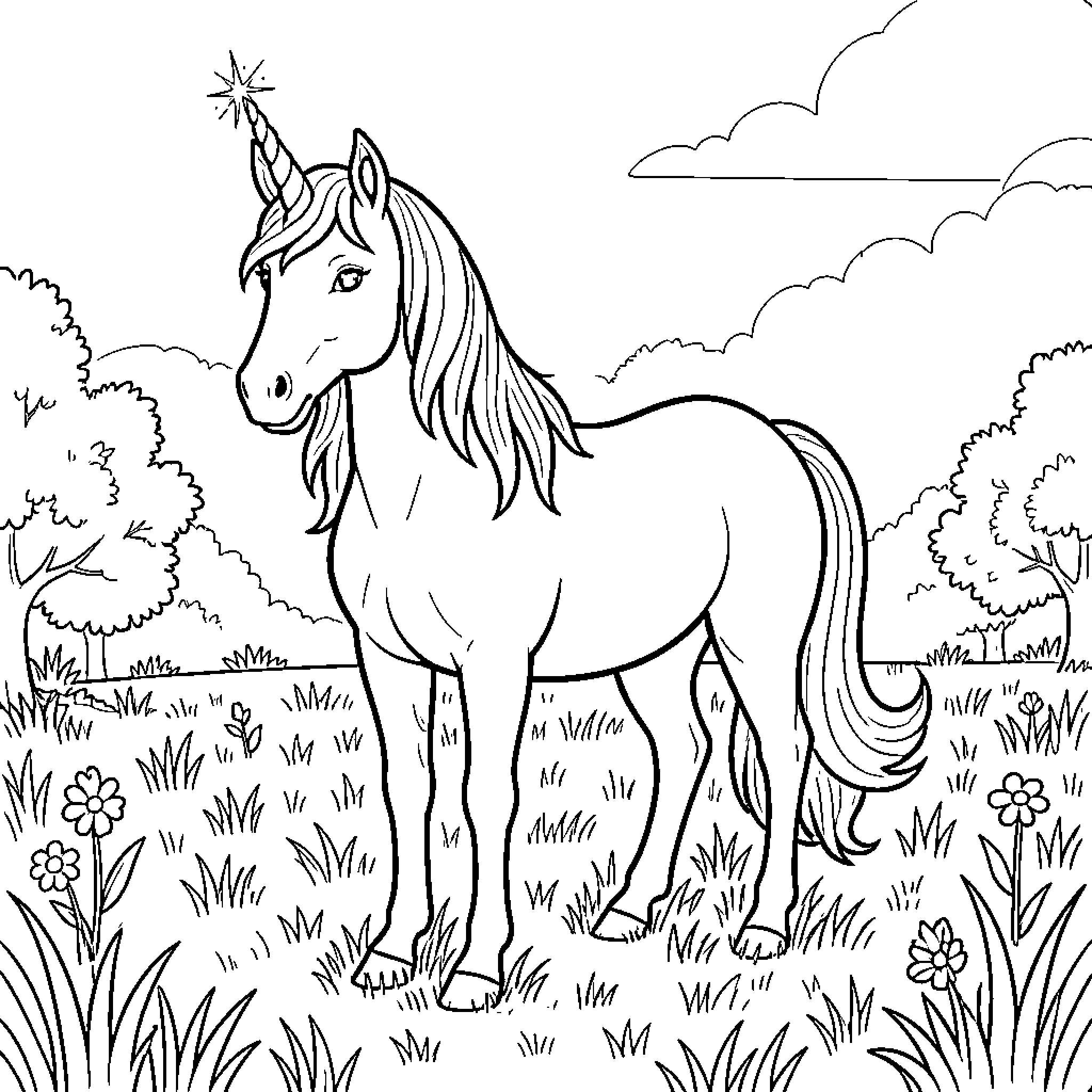 Unicorn standing peacefully in a flowery meadow Coloring Page (free black-and-white line drawing printable PDF for all, from beginners to advanced learners, including children, teens, adults, and seniors)