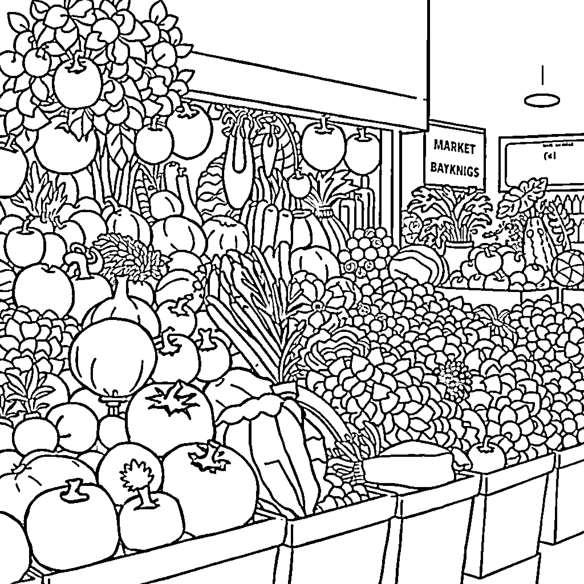 Fruit and Vegetable Market Scene with Variety of Produce Coloring Page (free black-and-white line drawing printable PDF for all, from beginners to advanced learners, including children, teens, adults, and seniors)