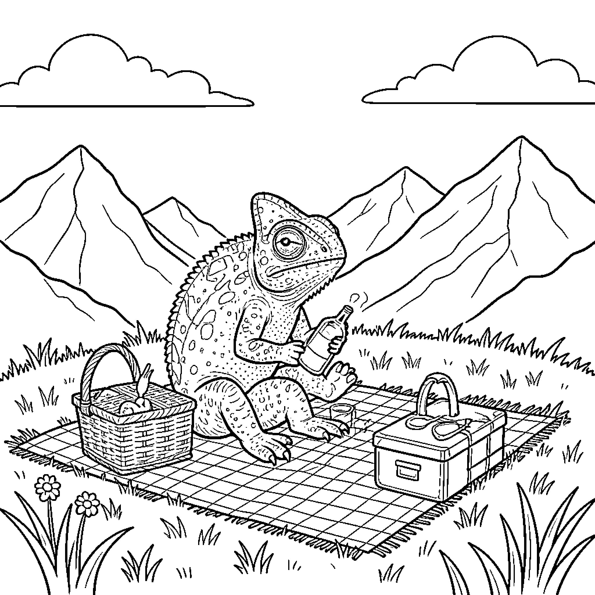 Chameleon enjoying a relaxing picnic in the mountains Coloring Page (free black-and-white line drawing printable PDF for all, from beginners to advanced learners, including children, teens, adults, and seniors)