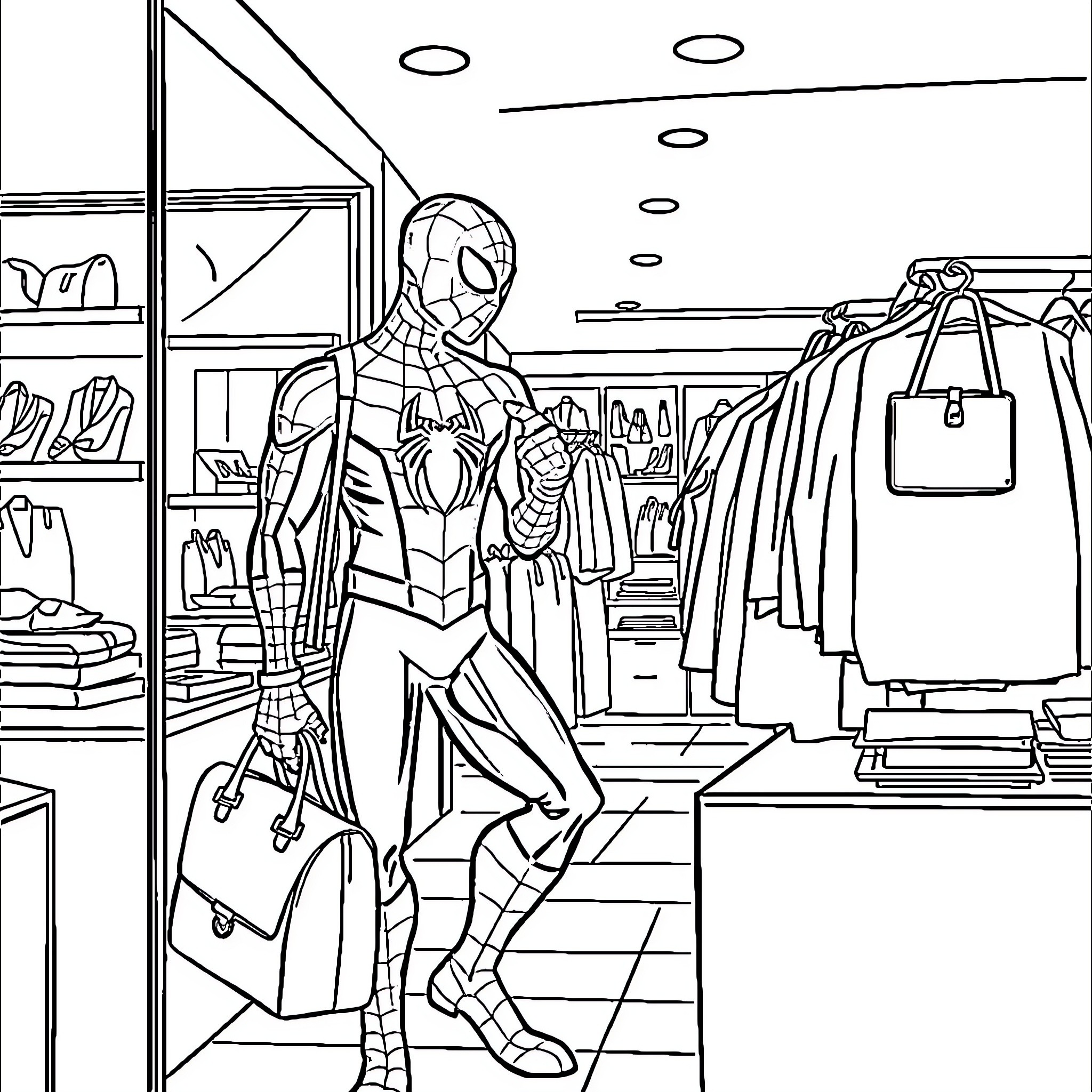Spiderman shopping at the clothing store Coloring Page (free black-and-white line drawing printable PDF for all, from beginners to advanced learners, including children, teens, adults, and seniors)