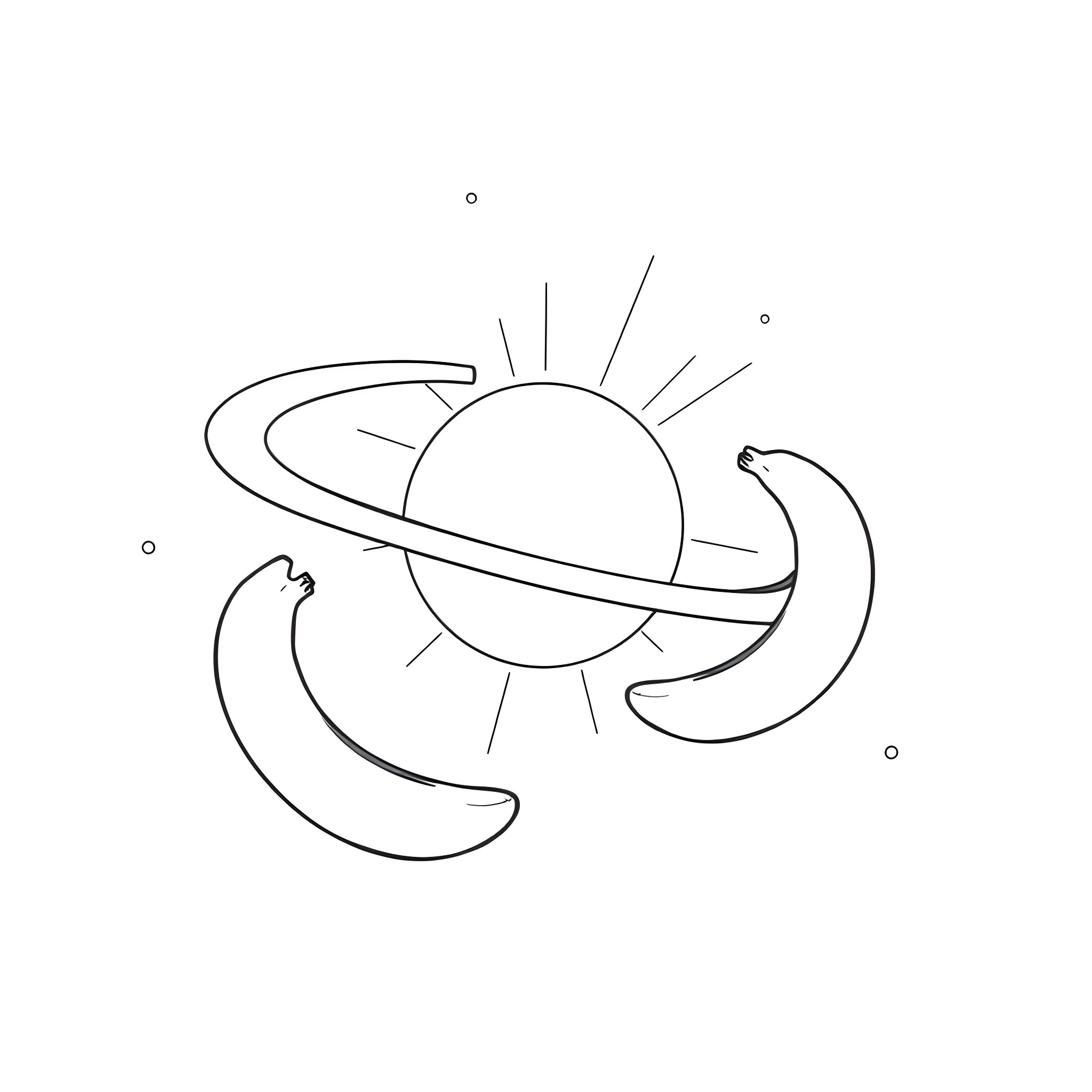 Banana dancing around the sun Coloring Page (free black-and-white line drawing printable PDF for all, from beginners to advanced learners, including children, teens, adults, and seniors)