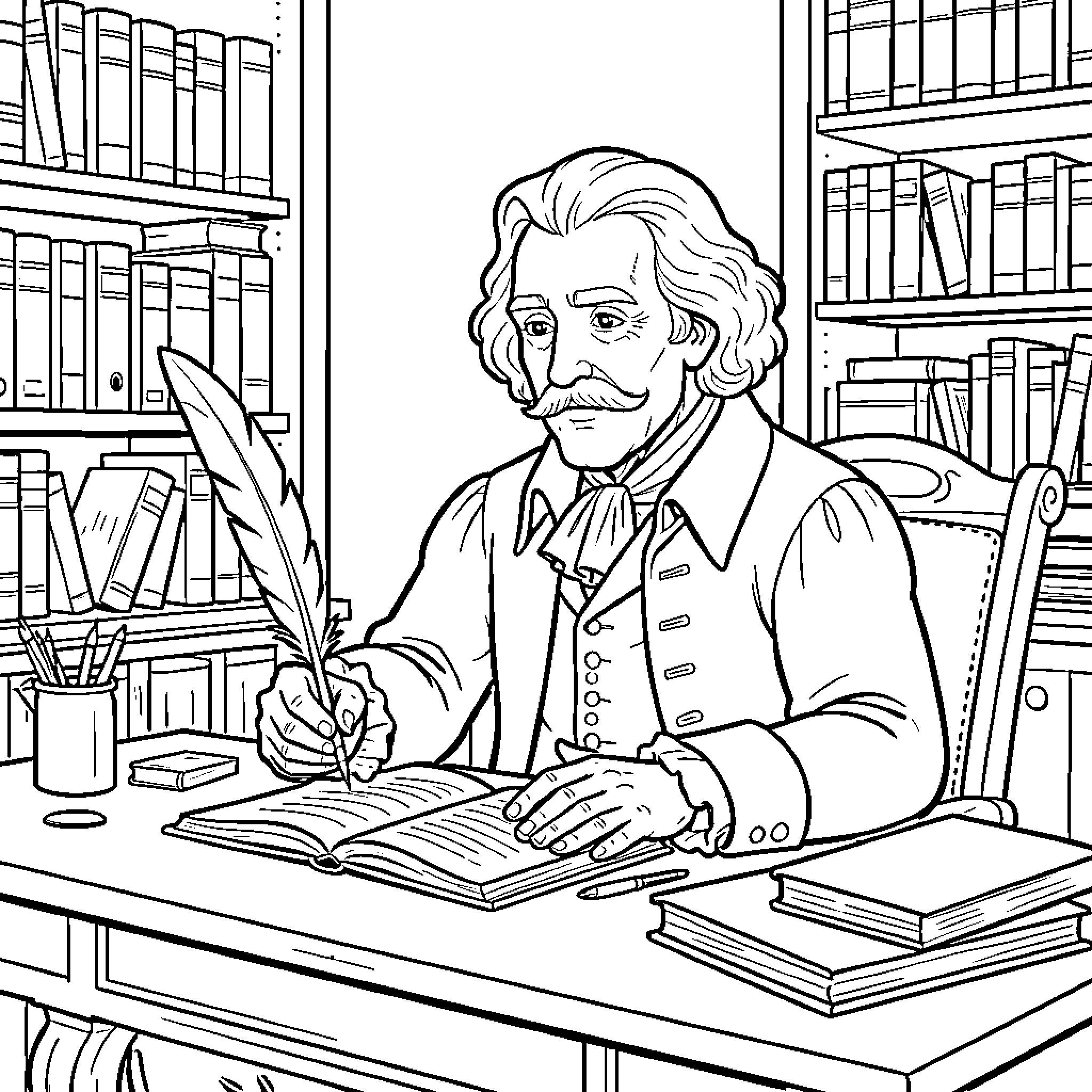 Miguel de Cervantes writing at his desk in a library Coloring Page (free black-and-white line drawing printable PDF for all, from beginners to advanced learners, including children, teens, adults, and seniors)