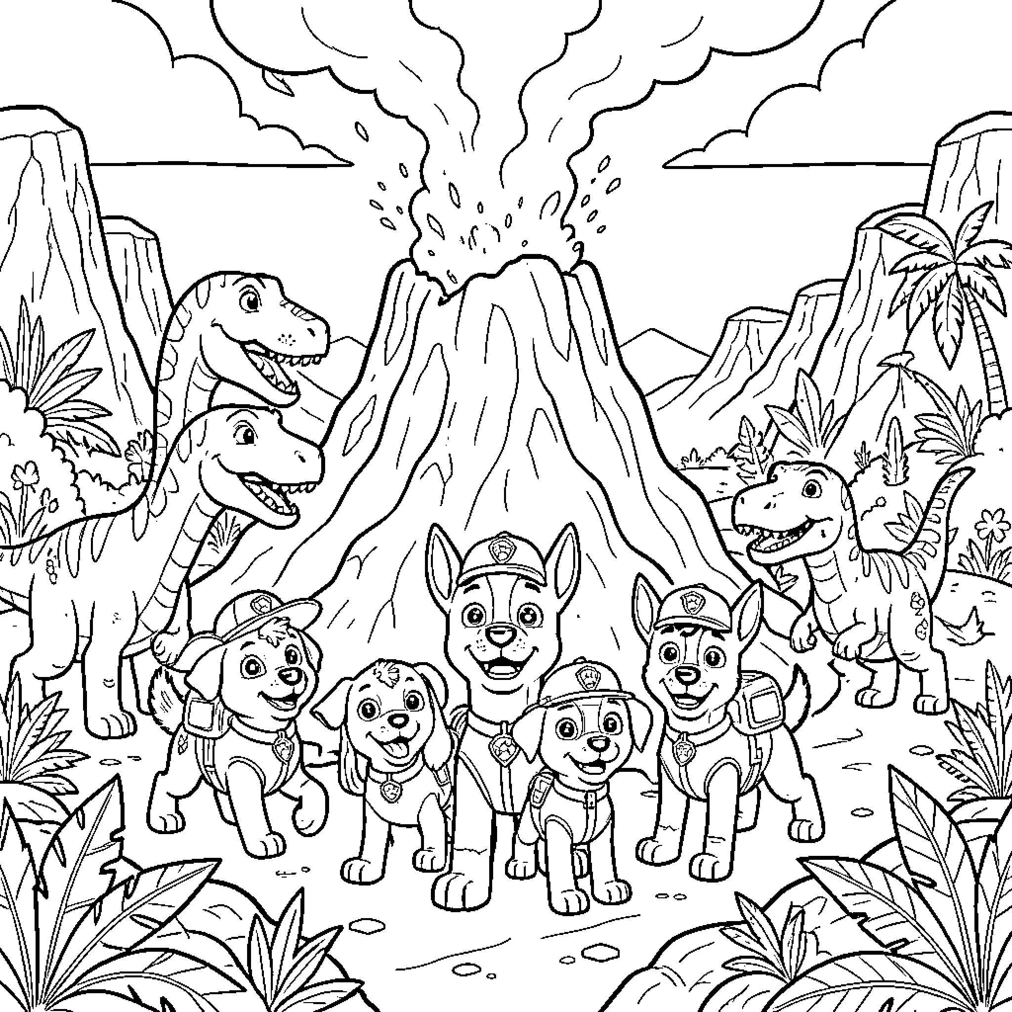 Dinosaurs and cute puppies exploring near an erupting volcano Coloring Page (free black-and-white line drawing printable PDF for all, from beginners to advanced learners, including children, teens, adults, and seniors)