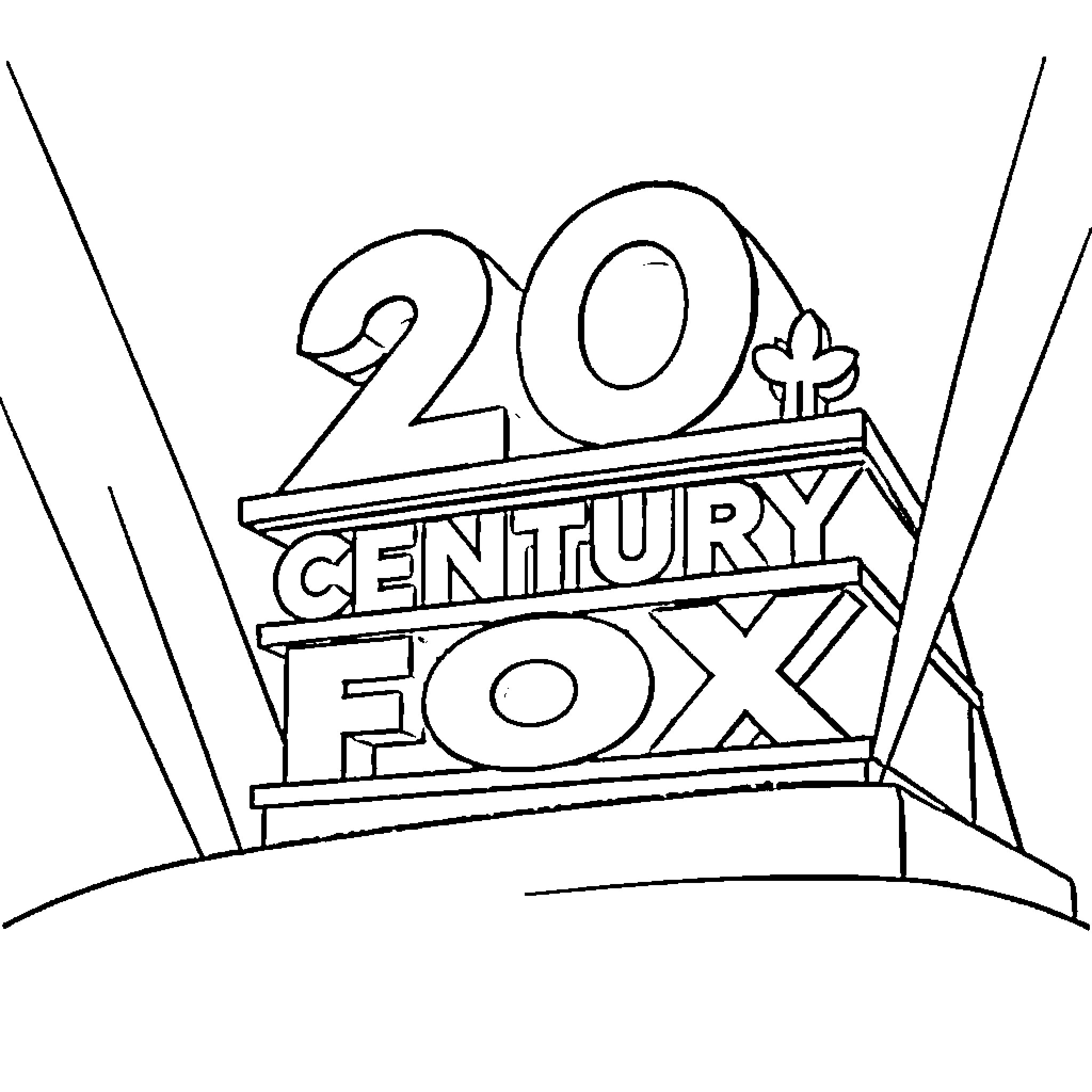 Fox logo prominently displayed on movie theater Coloring Page (free black-and-white line drawing printable PDF for all, from beginners to advanced learners, including children, teens, adults, and seniors)