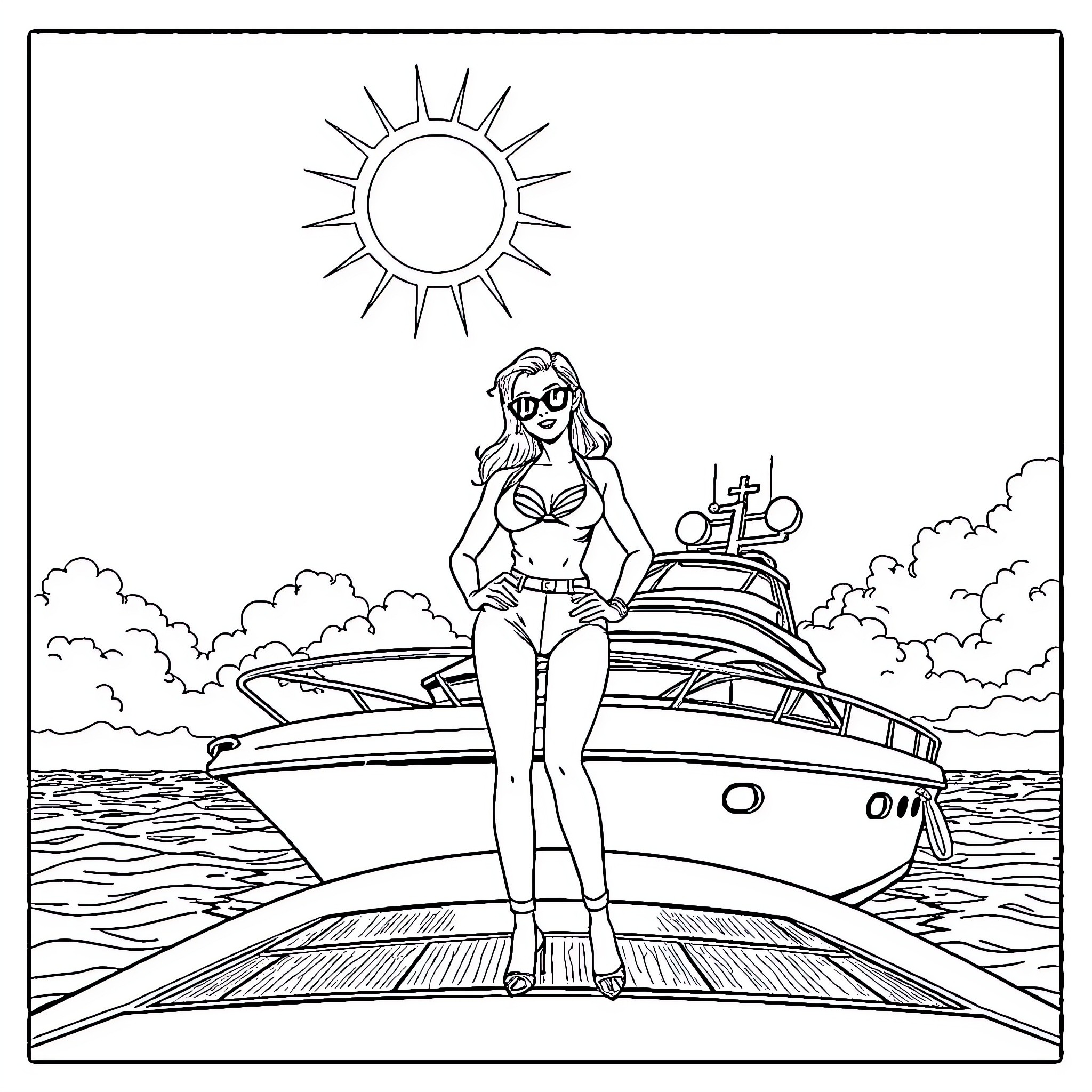 Femboy on luxury yacht by the sea Coloring Page (free black-and-white line drawing printable PDF for all, from beginners to advanced learners, including children, teens, adults, and seniors)
