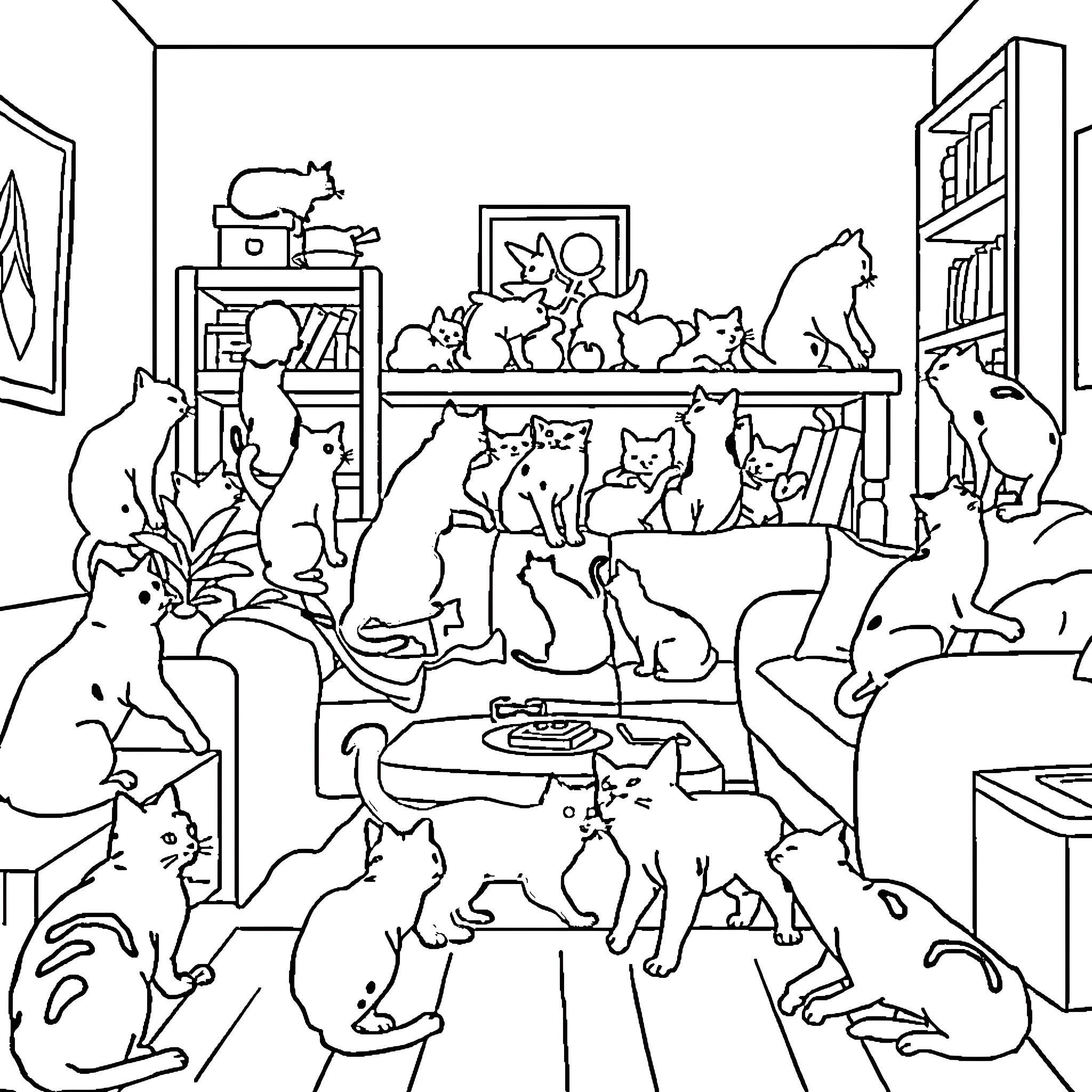 Cat's Crowded Cozy Home Coloring Page (free black-and-white line drawing printable PDF for all, from beginners to advanced learners, including children, teens, adults, and seniors)