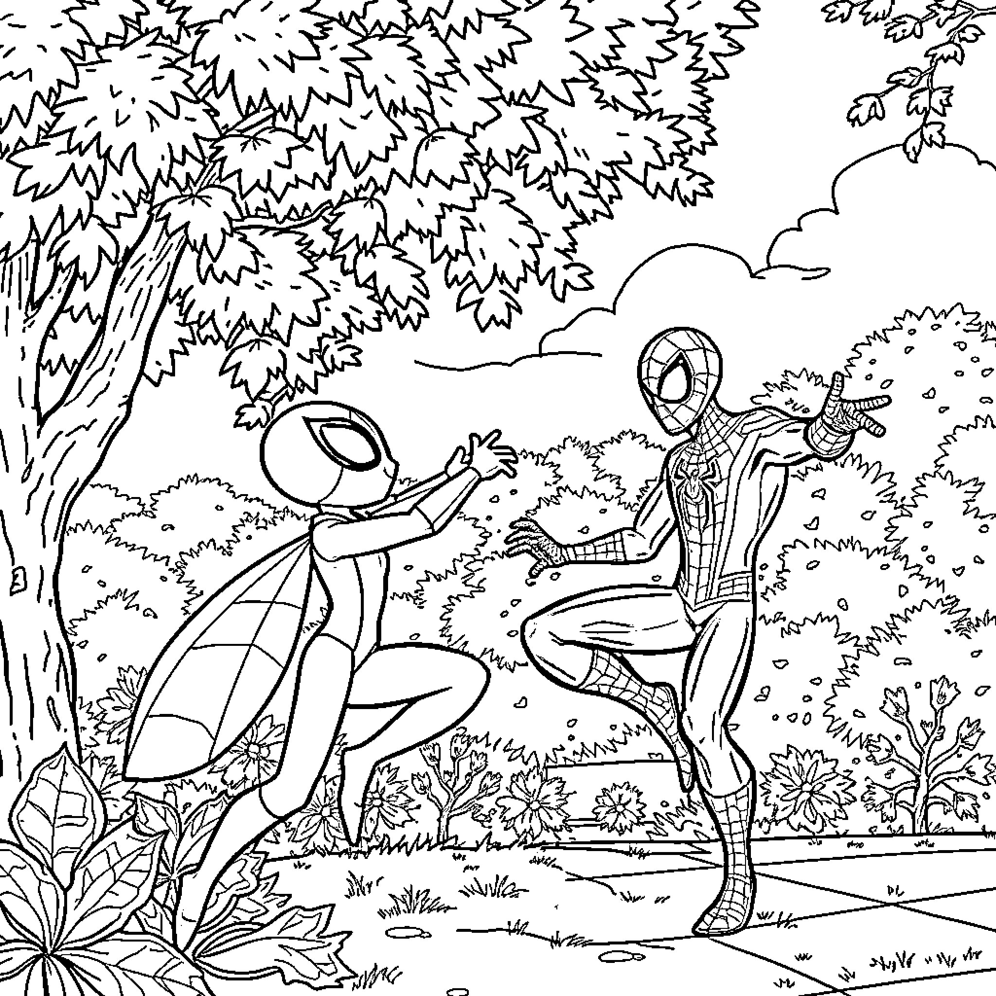 Chase through the Enchanted Forest Coloring Page (free black-and-white line drawing printable PDF for all, from beginners to advanced learners, including children, teens, adults, and seniors)