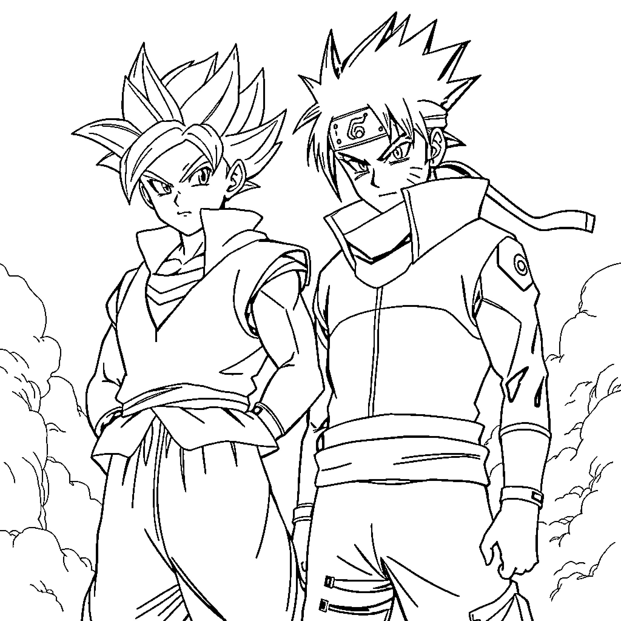 Gohan and Naruto in Heroic Adventure Coloring Page (free black-and-white line drawing printable PDF for all, from beginners to advanced learners, including children, teens, adults, and seniors)