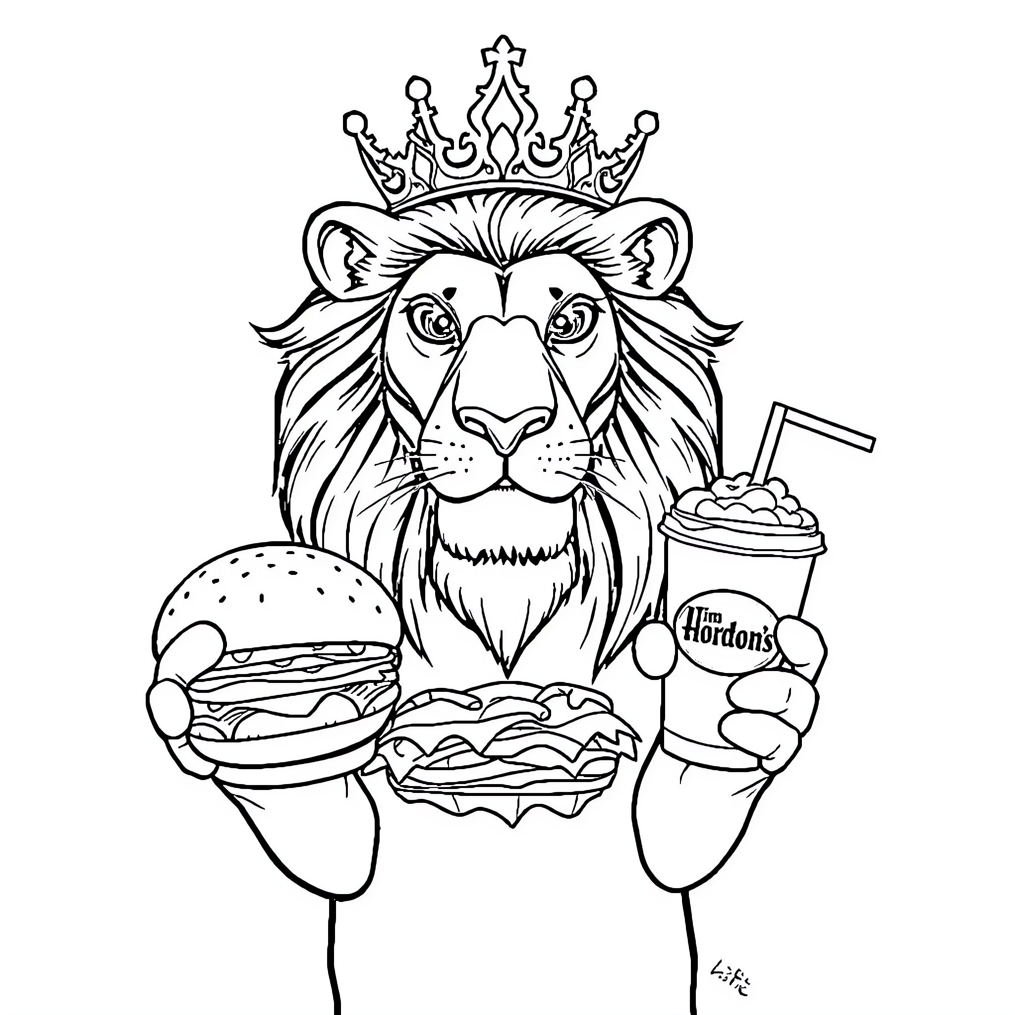 Lion King with Fast Food Feast Coloring Page (free black-and-white line drawing printable PDF for all, from beginners to advanced learners, including children, teens, adults, and seniors)