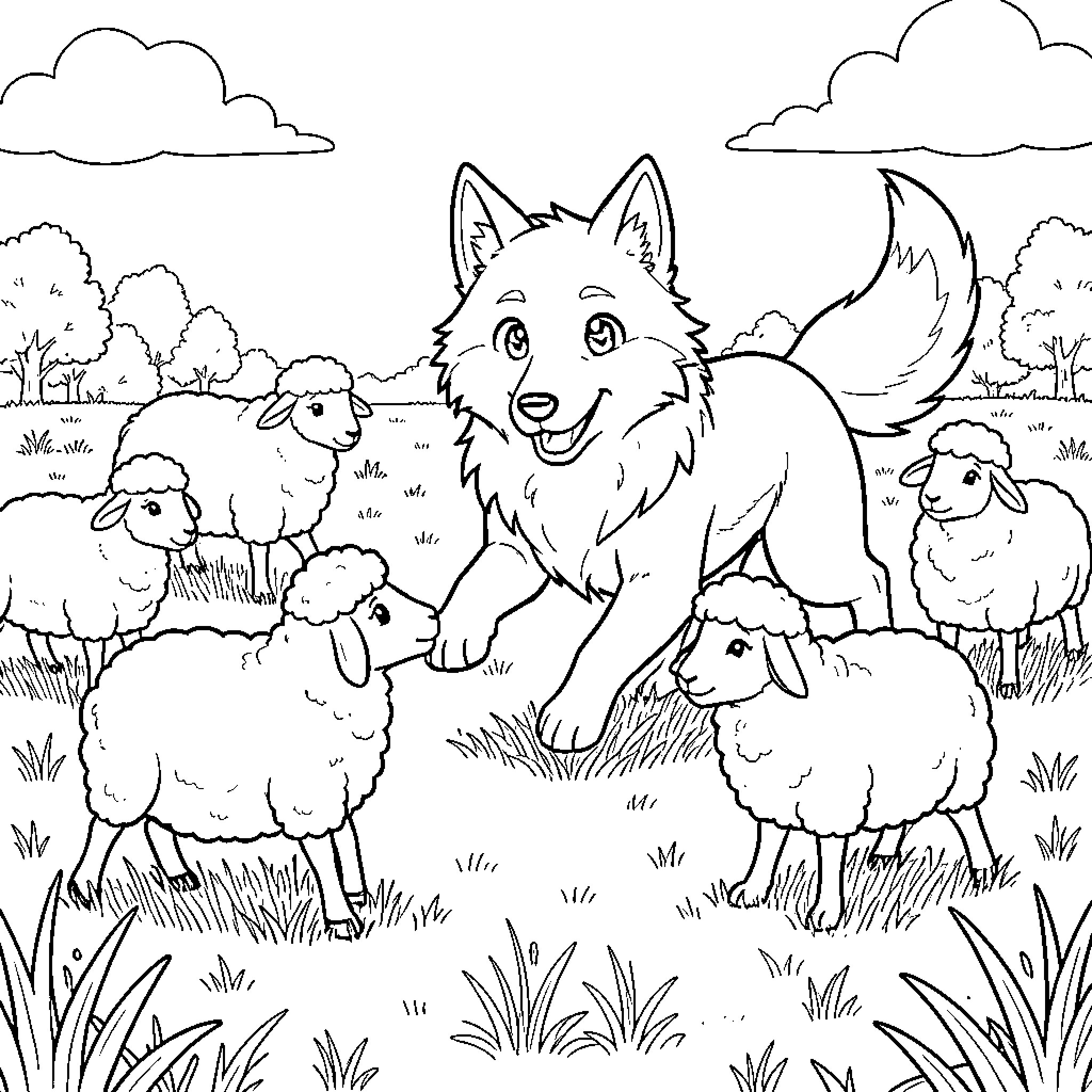 Wolf playing joyfully with a group of sheep Coloring Page (free black-and-white line drawing printable PDF for all, from beginners to advanced learners, including children, teens, adults, and seniors)