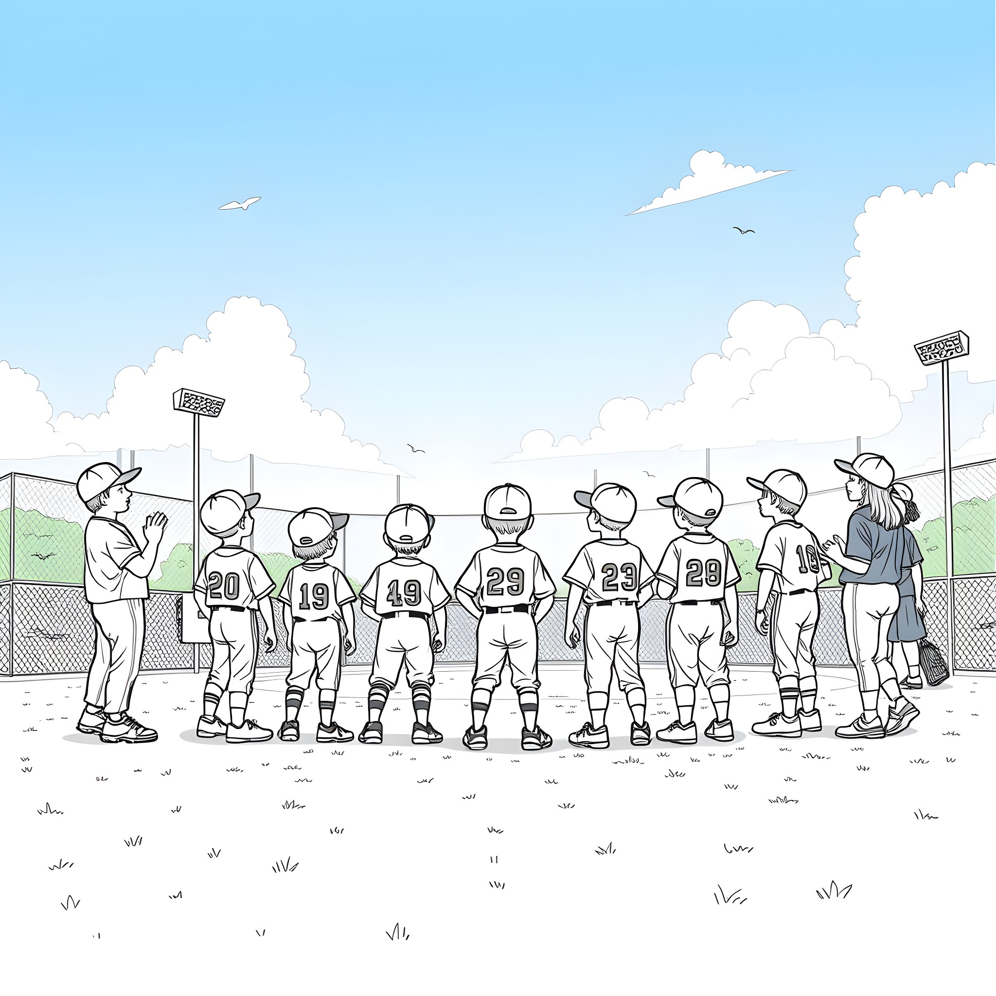 Baseball players in uniform on the field Coloring Page (free black-and-white line drawing printable PDF for all, from beginners to advanced learners, including children, teens, adults, and seniors)