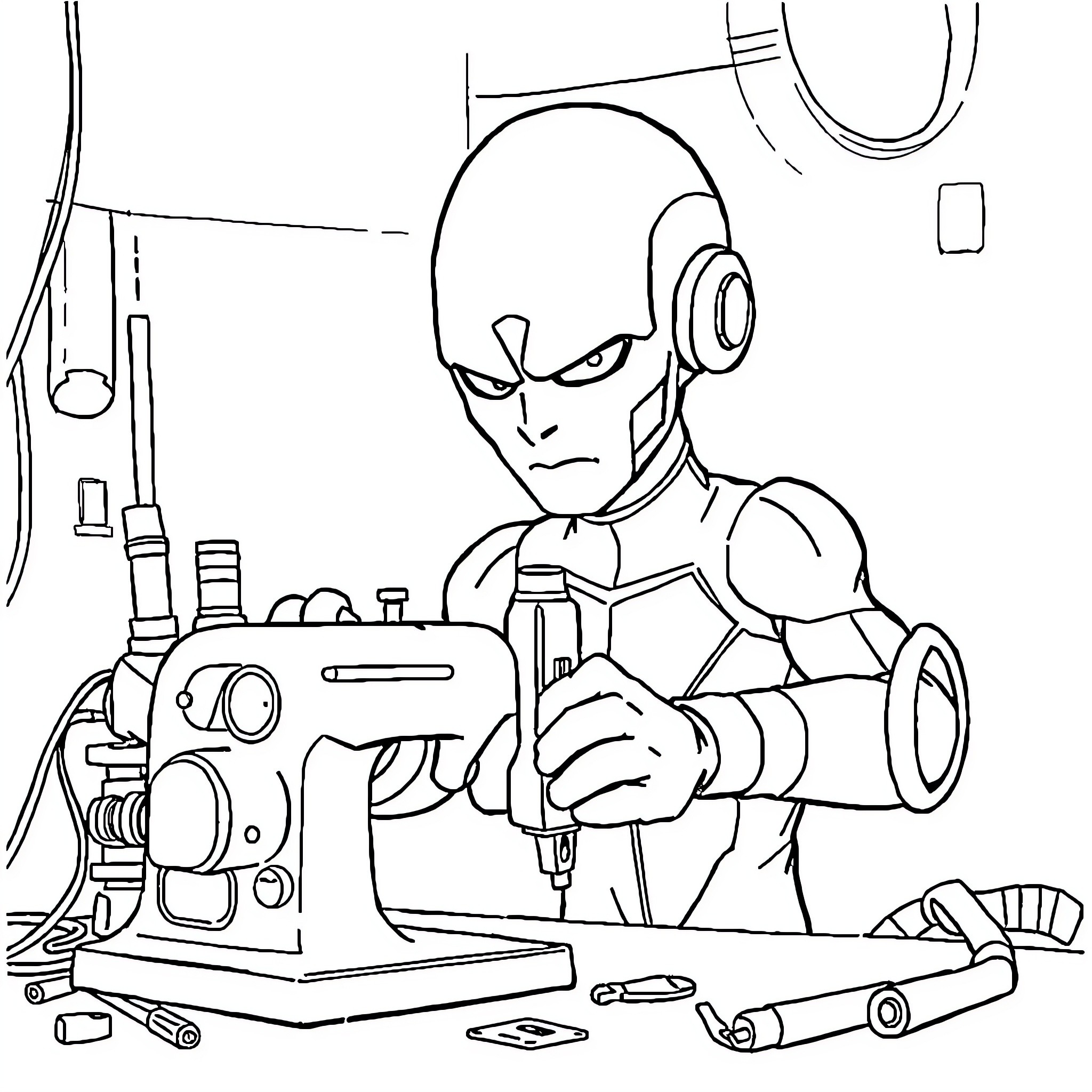 Saitama repairing gadgets with focus and determination Coloring Page (free black-and-white line drawing printable PDF for all, from beginners to advanced learners, including children, teens, adults, and seniors)