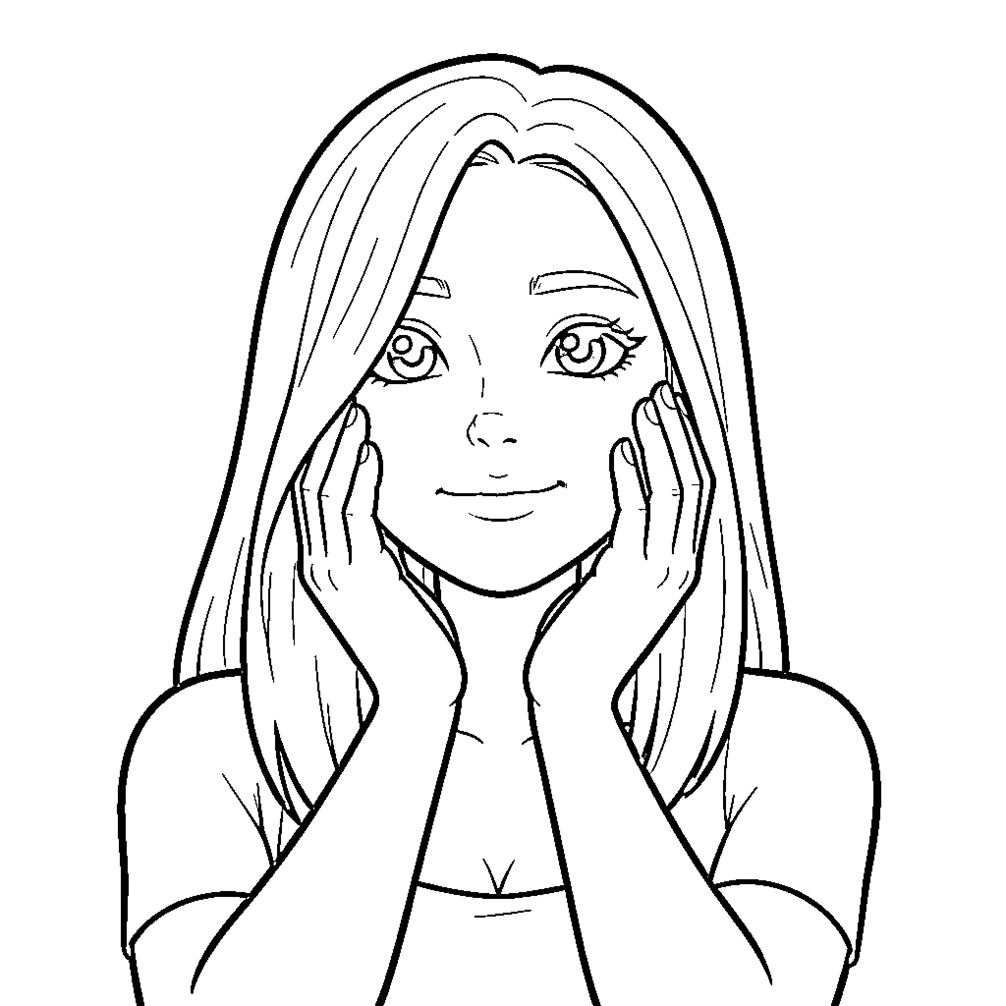 Chica smiling and looking happy Coloring Page (free black-and-white line drawing printable PDF for all, from beginners to advanced learners, including children, teens, adults, and seniors)