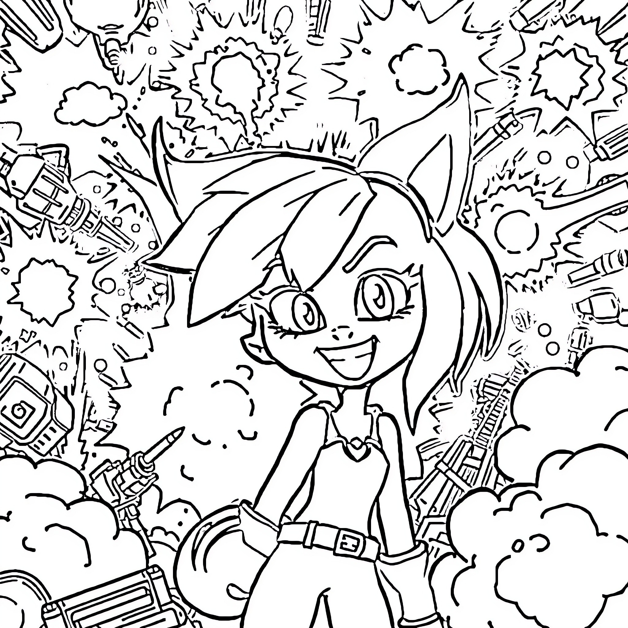 Jinx's Chaotic Adventure Coloring Page (free black-and-white line drawing printable PDF for all, from beginners to advanced learners, including children, teens, adults, and seniors)