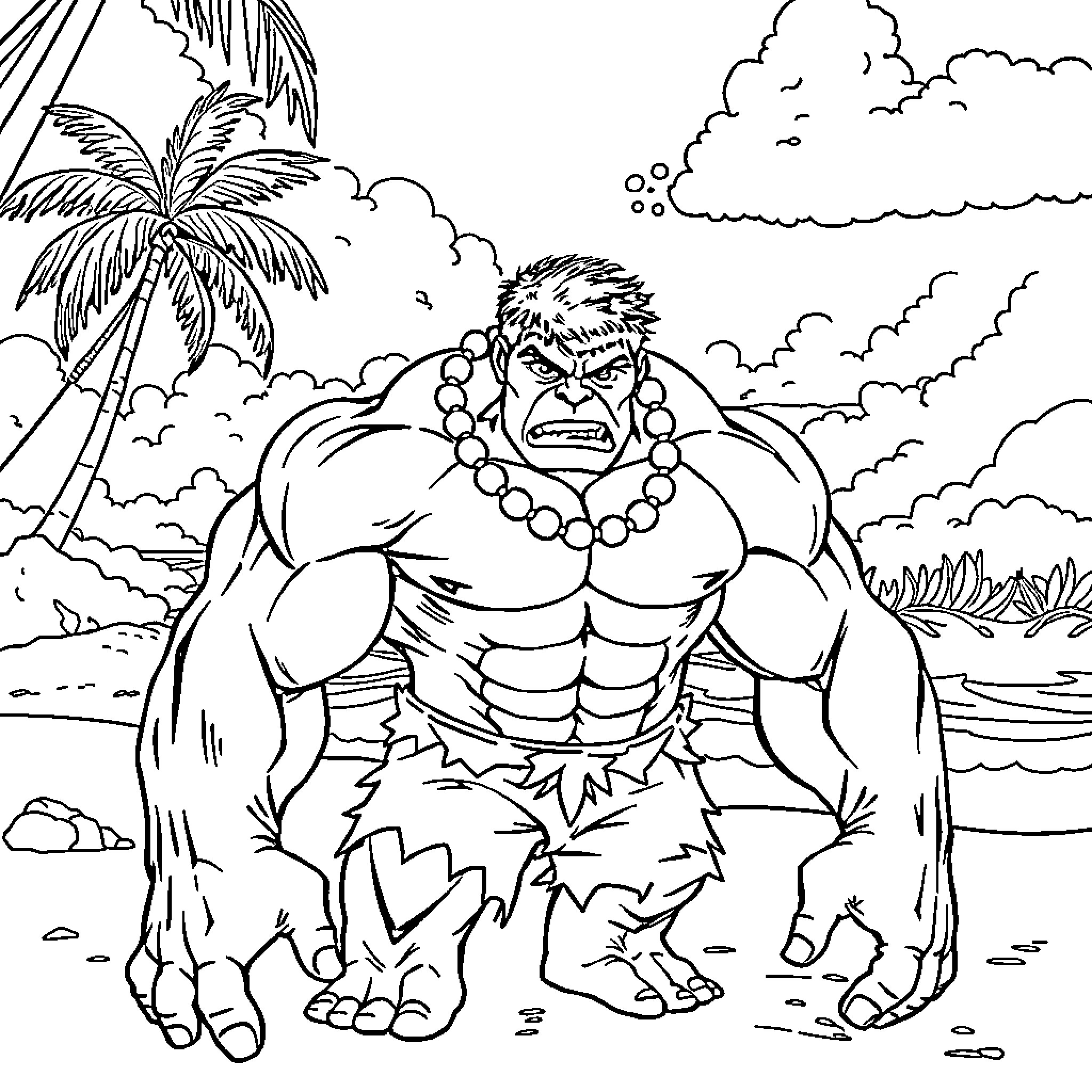 Hulk Unleashed in Tropical Paradise Coloring Page (free black-and-white line drawing printable PDF for all, from beginners to advanced learners, including children, teens, adults, and seniors)