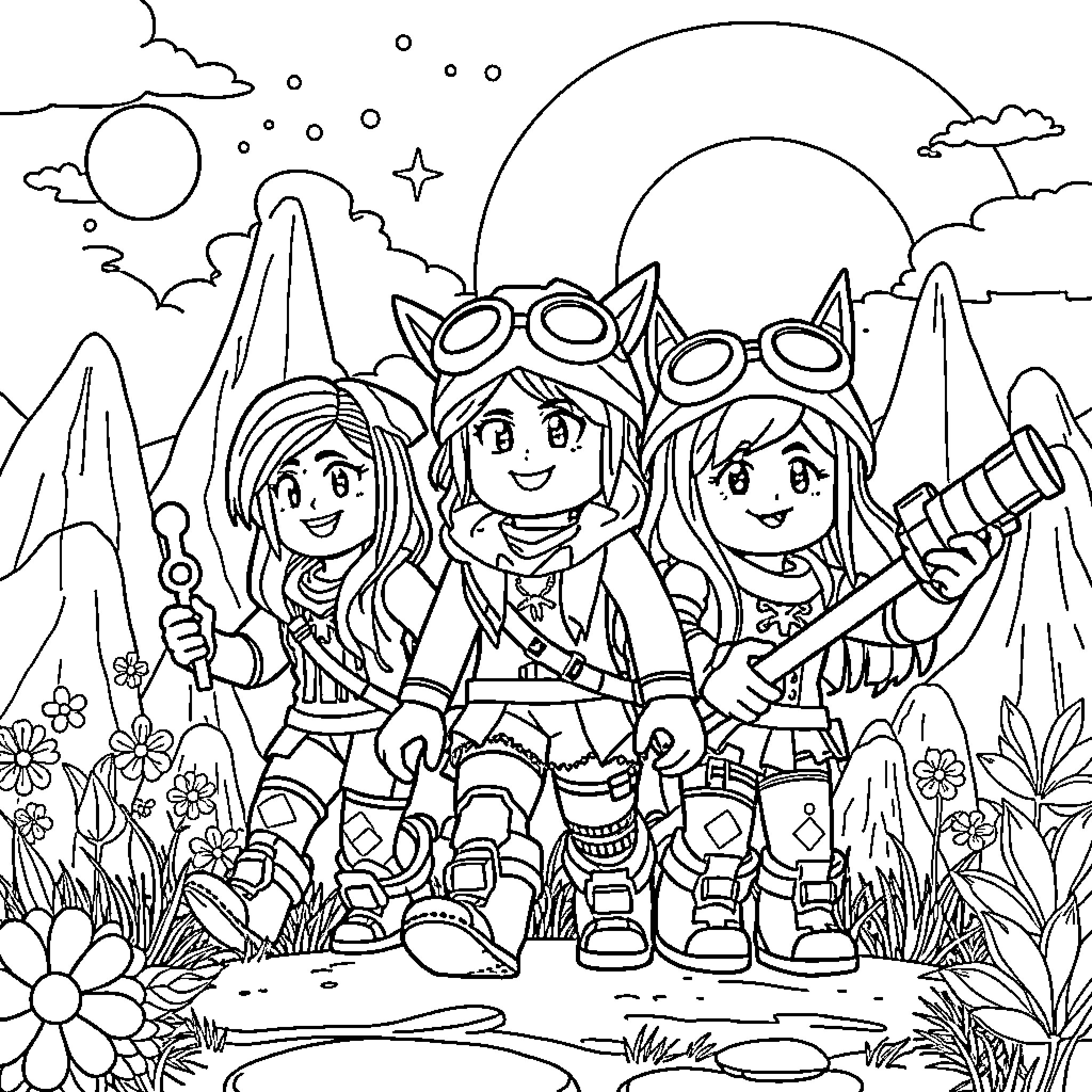 Huntrix Girls on an Adventure in the Wild Coloring Page (free black-and-white line drawing printable PDF for all, from beginners to advanced learners, including children, teens, adults, and seniors)