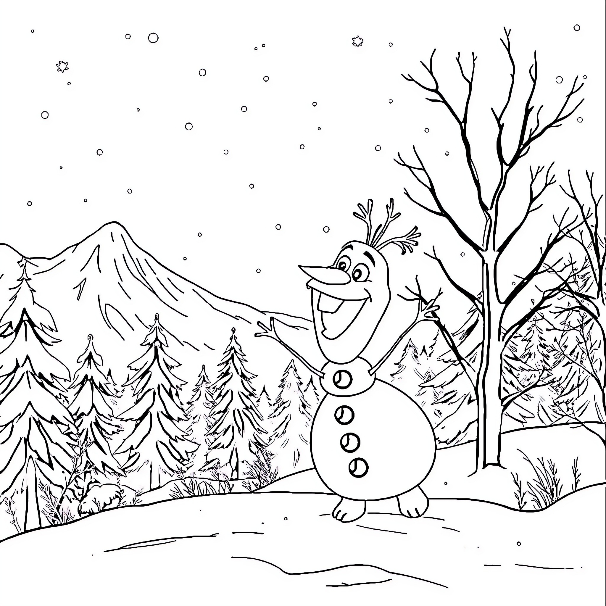 Queen Olaf's Snowy Adventure Coloring Page (free black-and-white line drawing printable PDF for all, from beginners to advanced learners, including children, teens, adults, and seniors)