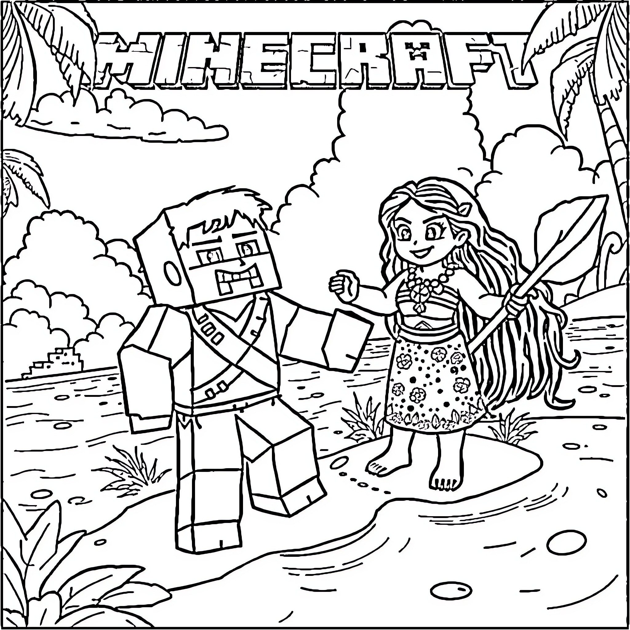 Minecraft Characters Enjoying a Tropical Adventure Coloring Page (free black-and-white line drawing printable PDF for all, from beginners to advanced learners, including children, teens, adults, and seniors)