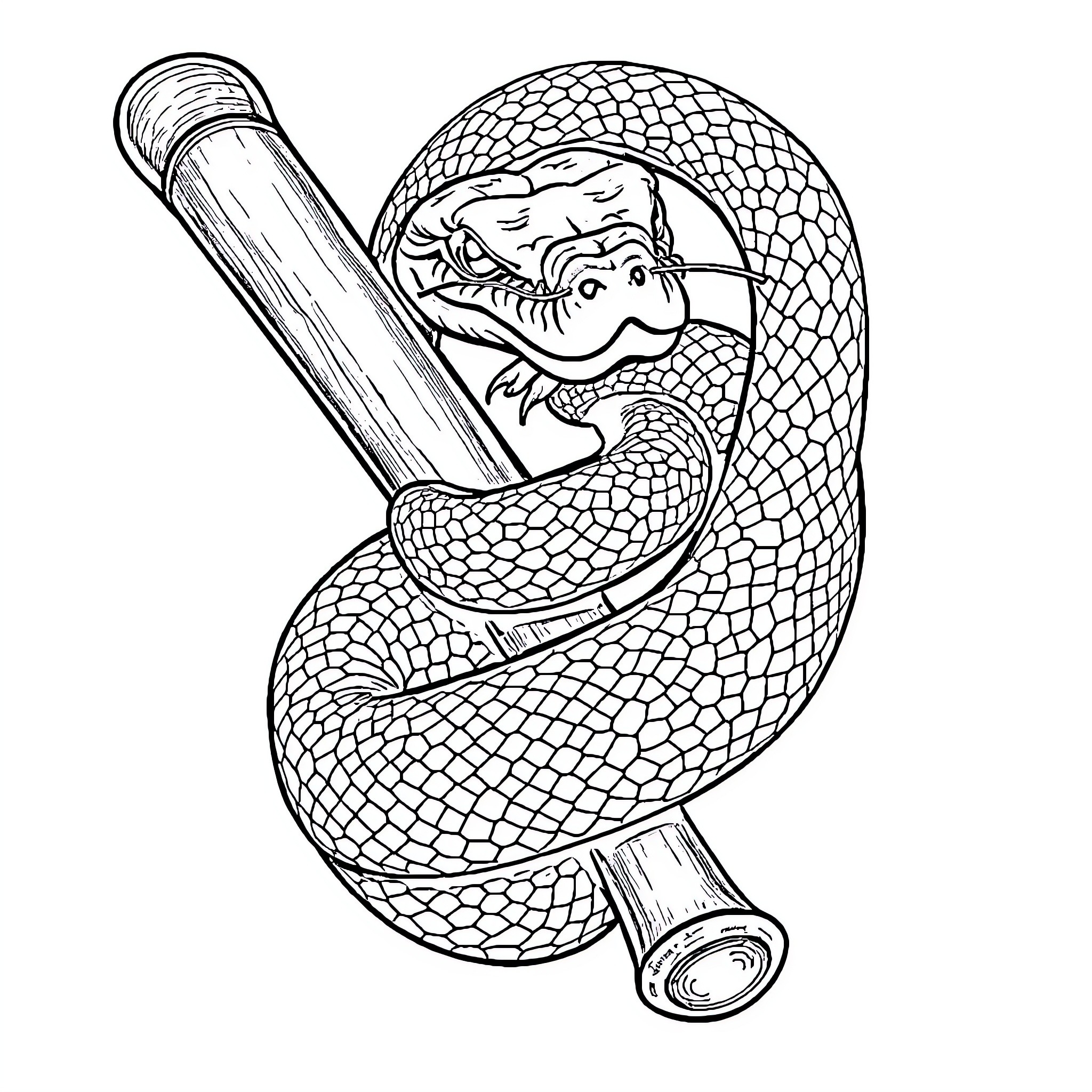 Snake Coiled Around Baseball Bat Coloring Page (free black-and-white line drawing printable PDF for all, from beginners to advanced learners, including children, teens, adults, and seniors)