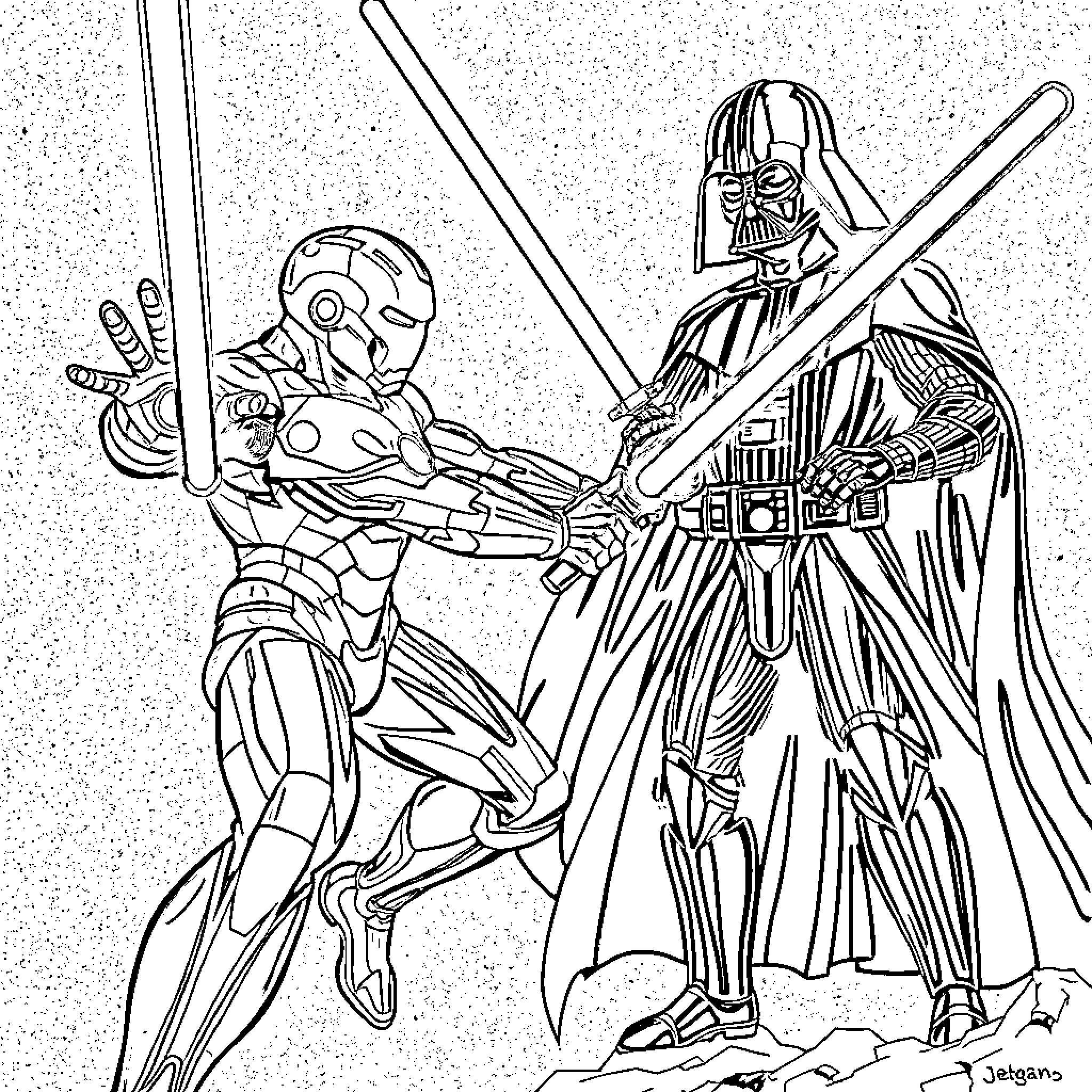 Iron Man fighting Darth Vader in an intense battle Coloring Page (free black-and-white line drawing printable PDF for all, from beginners to advanced learners, including children, teens, adults, and seniors)