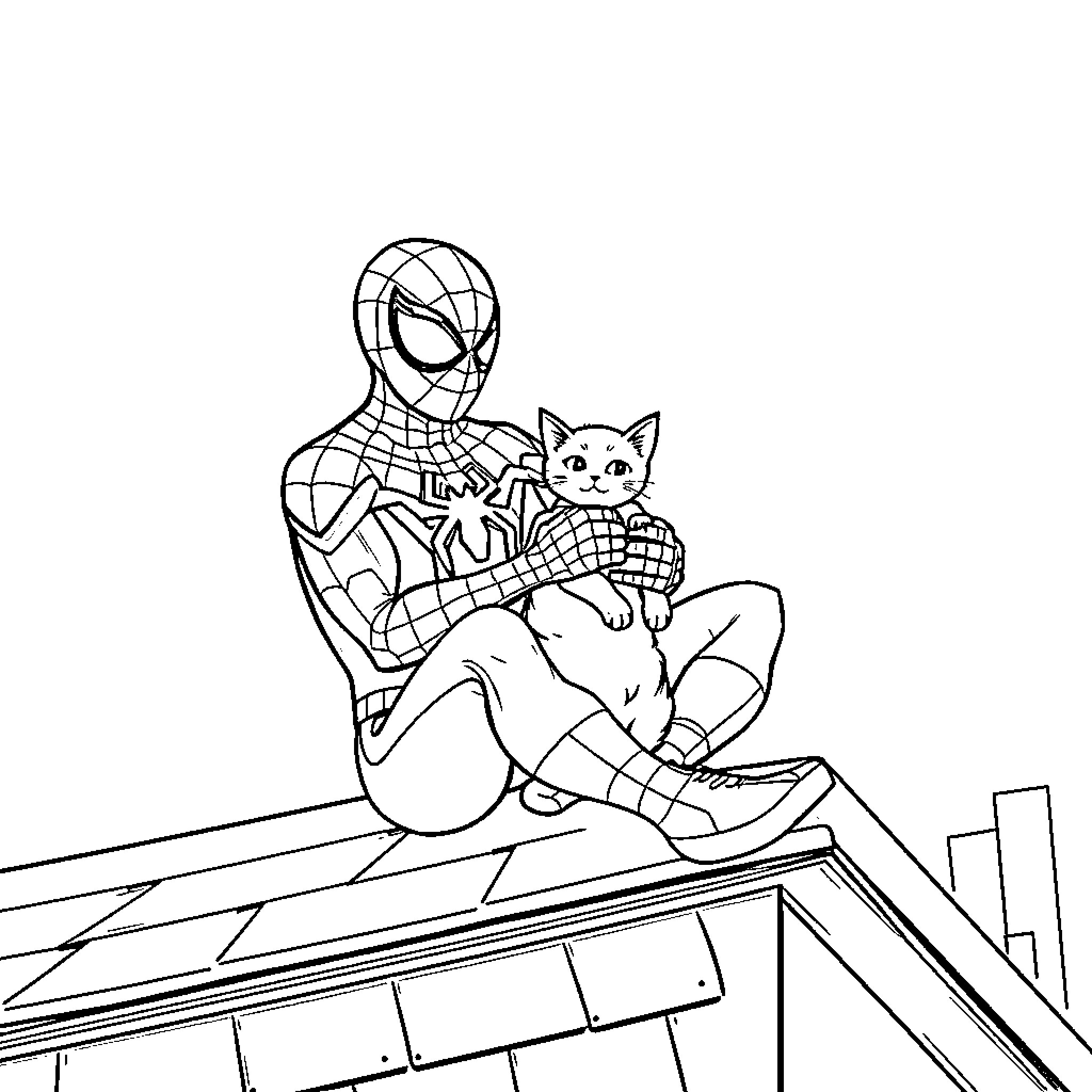 Spiderman rescues a kitten on a rooftop Coloring Page (free black-and-white line drawing printable PDF for all, from beginners to advanced learners, including children, teens, adults, and seniors)