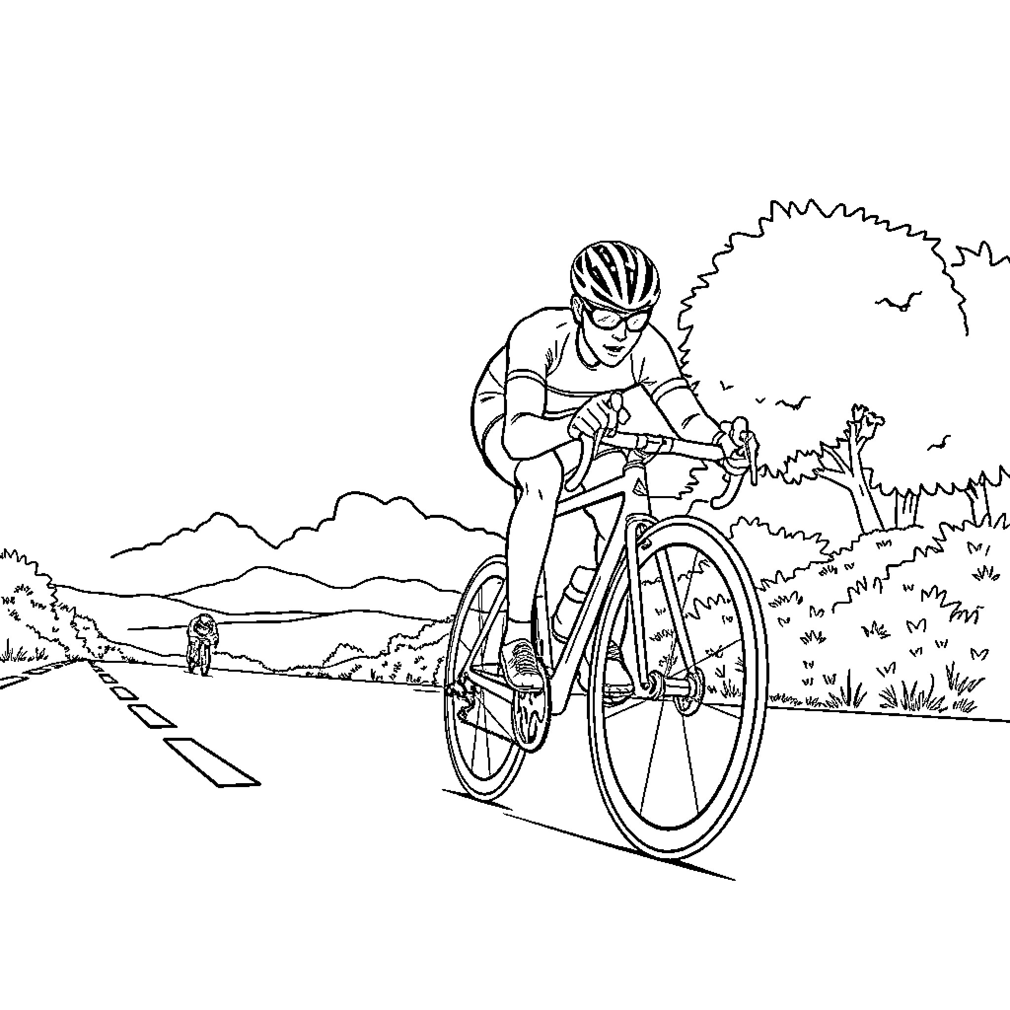 Cyclist riding through scenic countryside landscape Coloring Page (free black-and-white line drawing printable PDF for all, from beginners to advanced learners, including children, teens, adults, and seniors)